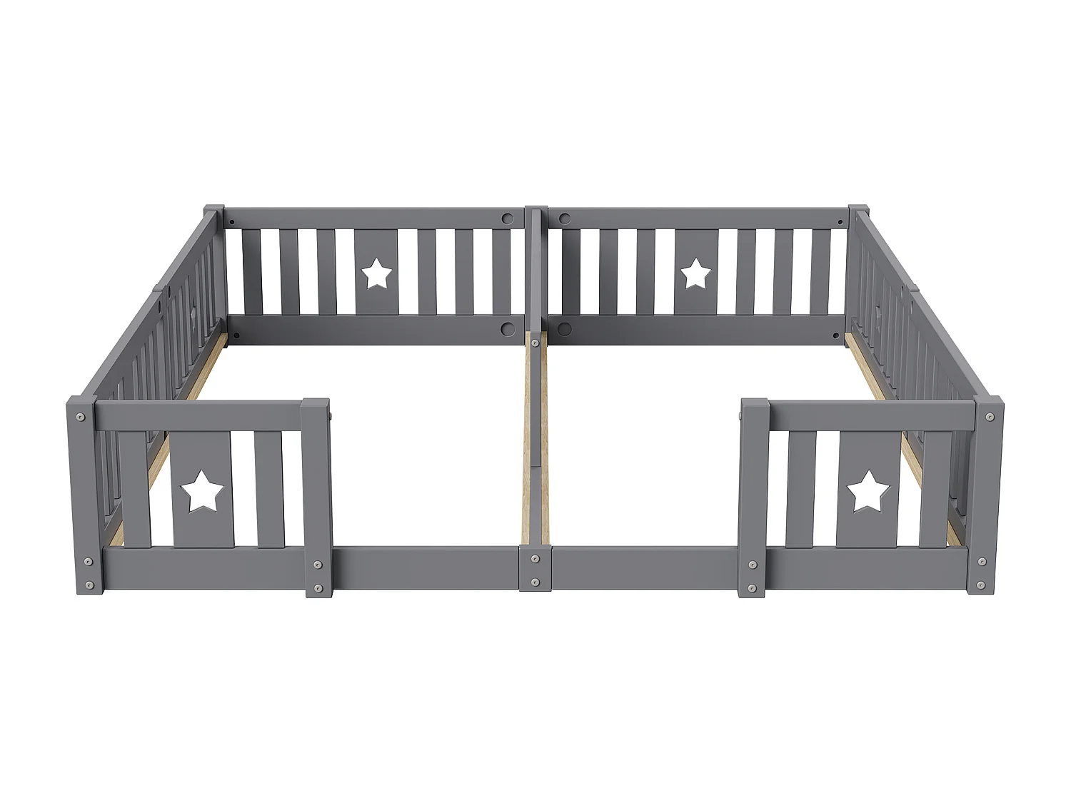 Lit Double 180x200 cm, pour Enfant en Bois Massif de Pin, Lit à Barreaux Étoiles, Lit Cabane, avec Protection Anti-Chute - Gris
