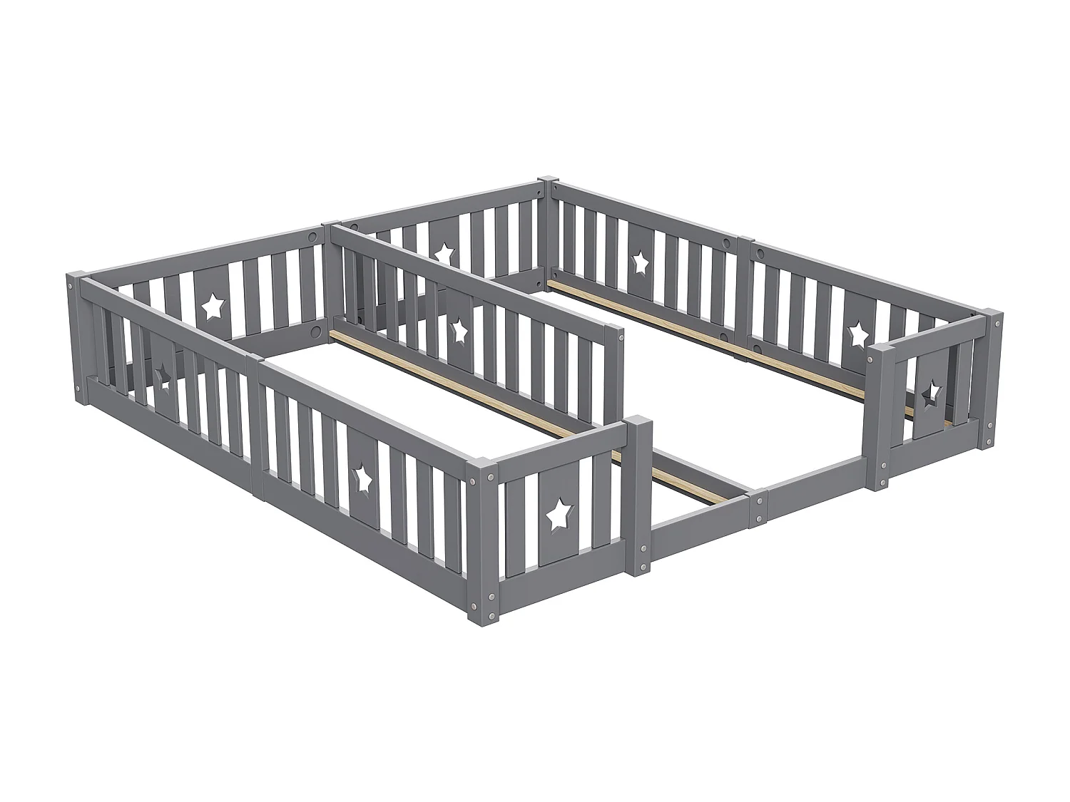 Lit Double 180x200 cm, pour Enfant en Bois Massif de Pin, Lit à Barreaux Étoiles, Lit Cabane, avec Protection Anti-Chute - Gris