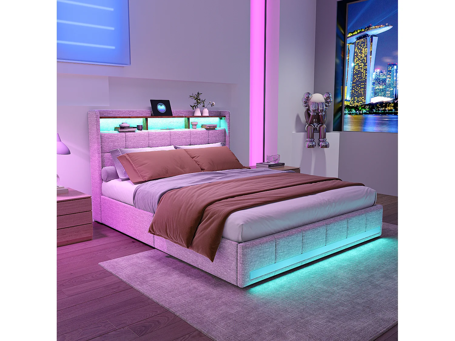 Lit 180×200 cm avec LED, USB/Type-C et 4 tiroirs – Lin beige, capitonné lit double