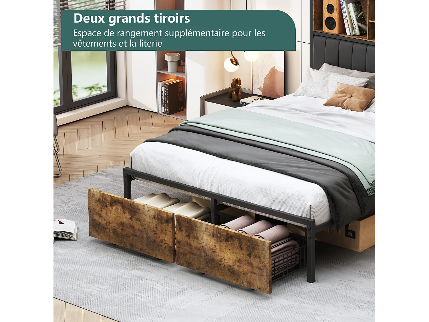 Lit double 160×200 cm avec LED, cadre métal, 2 tiroirs et tête de lit avec rangement