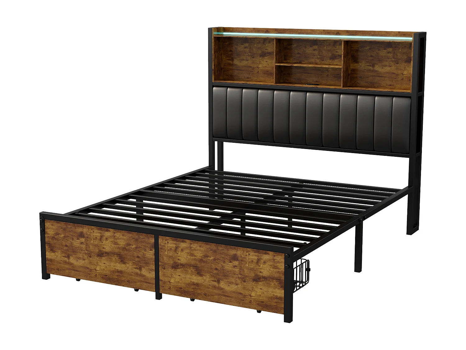 Lit double 160×200 cm avec LED, cadre métal, 2 tiroirs et tête de lit avec rangement