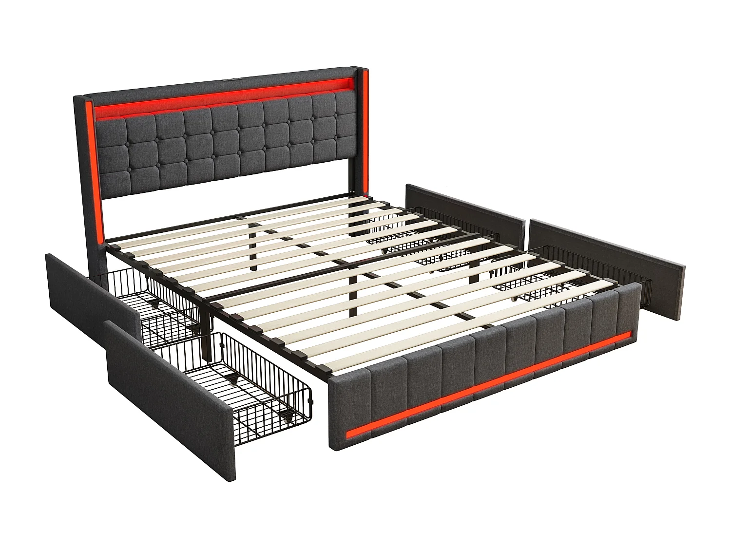 Lit 180x200 avec tiroirs – Tissu en lin gris foncé – Éclairage LED réglable – Ports USB&Type-C pour recharge – 4 grands tiroirs de rangement