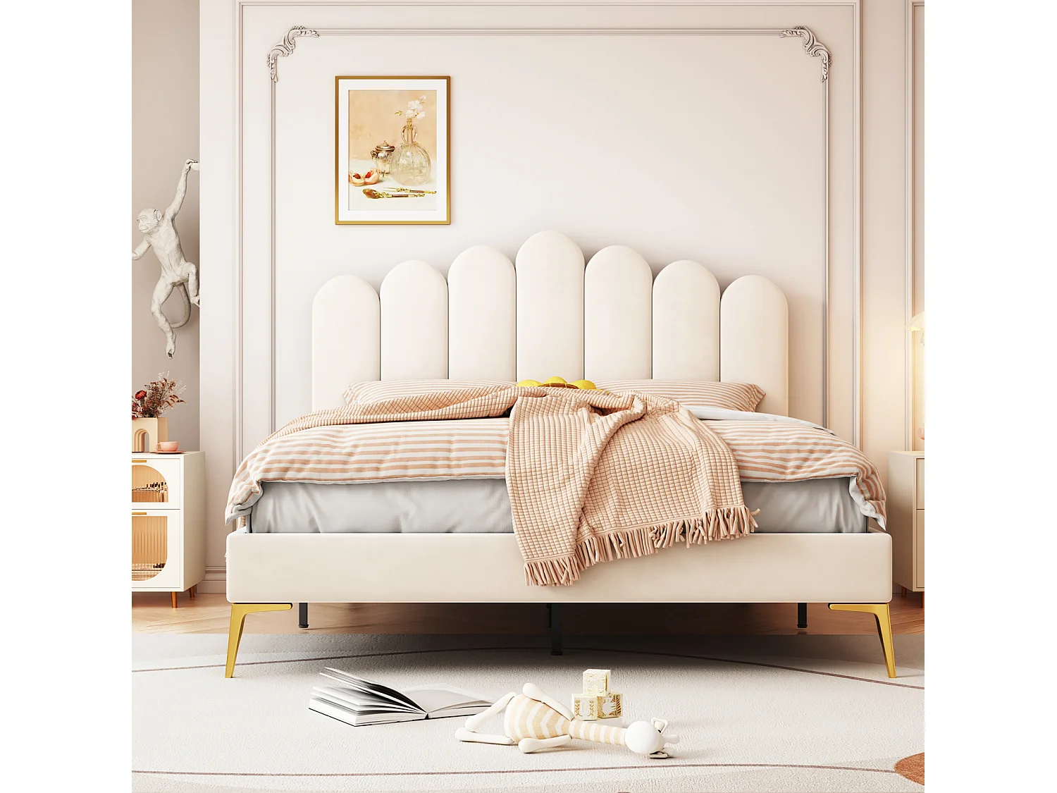 Lit double capitonné 140 x 200 cm, cadre de lit avec tête de lit et sommier à lattes, lit adulte/jeune/invité en velours beige