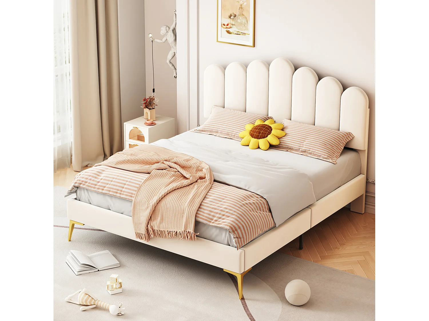 Lit double capitonné 140 x 200 cm, cadre de lit avec tête de lit et sommier à lattes, lit adulte/jeune/invité en velours beige