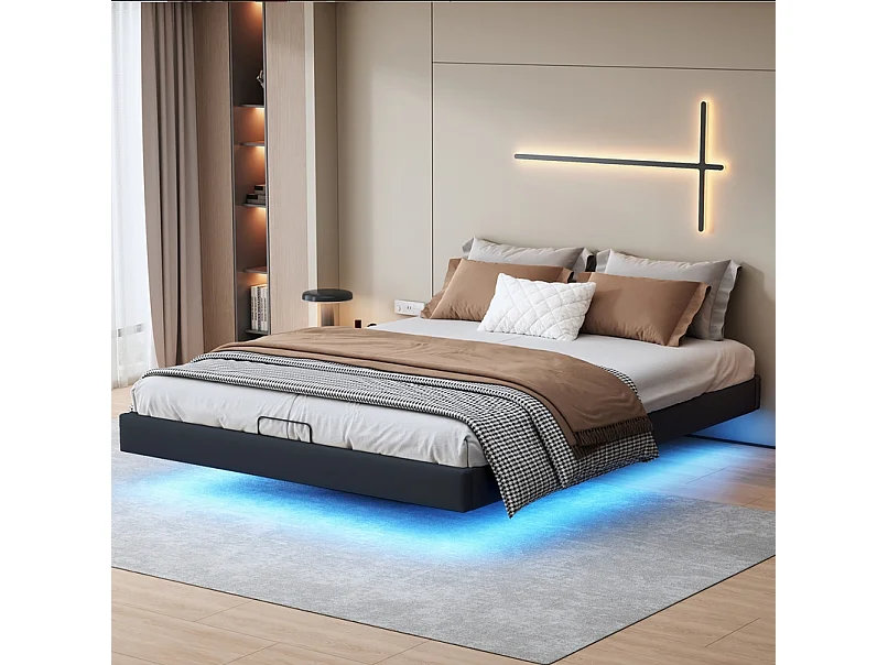 Bedframe van 160x200 cm met ledverlichting en lattenbodem – Tweepersoonsbed, verborgen poten, zwart