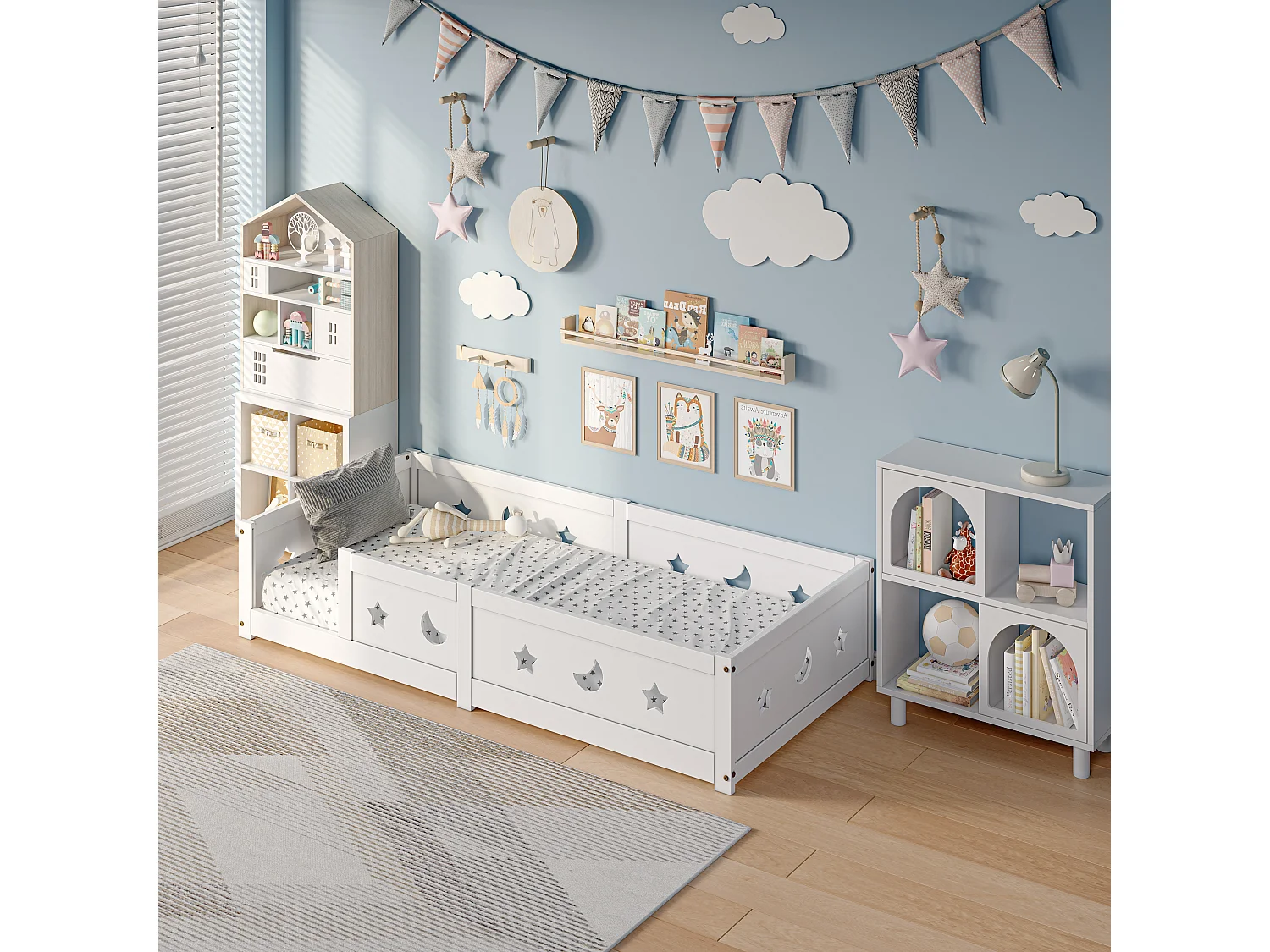 Lit Simple 140x200 cm, pour Enfant en Bois Massif de Pin, Lit à Barreaux Étoiles et Lunes, Lit Caban, avec Protection Anti-Chute et Sommier à Lattes - Blanc