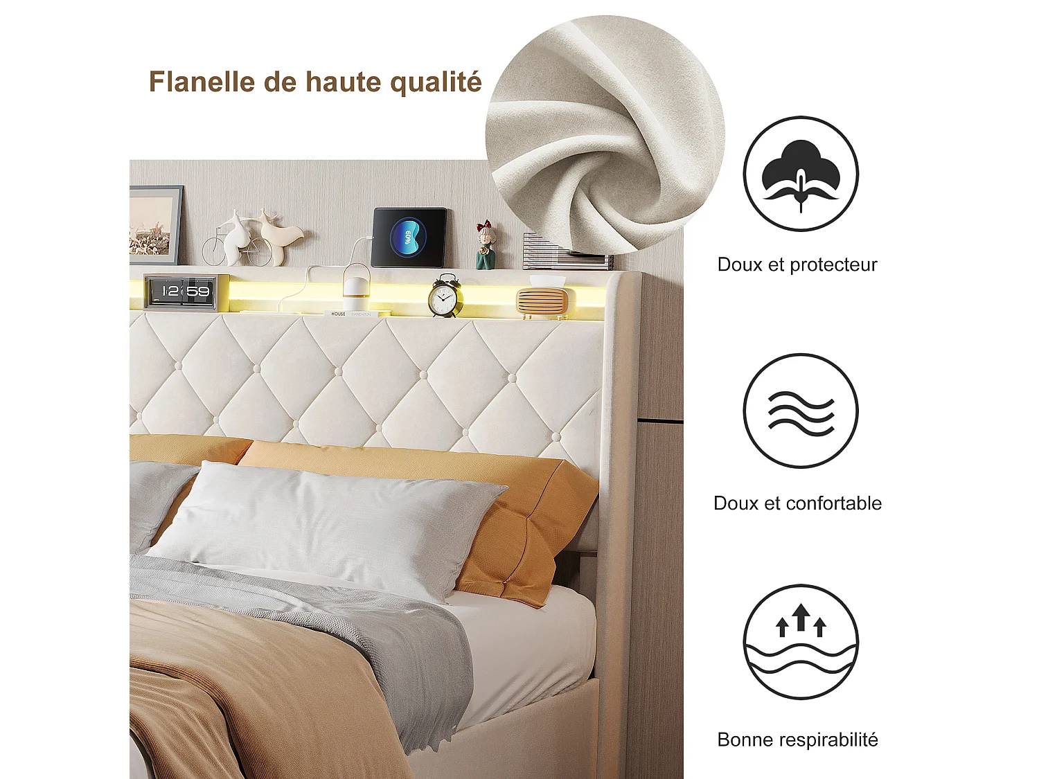 Lit 140x200 cm - avec 4 tiroirs - chargement USB et Type-C - éclairage LED - tables de chevet avec rangement - cloisons ouvertes - sommier à lattes - Beige