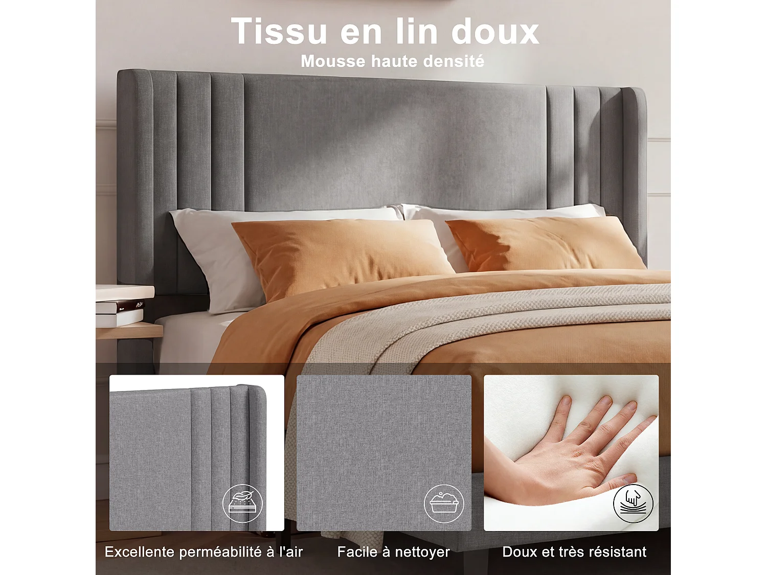 Lit 140x200 Gris Lin - Tête de Lit Capitonnée Moderne - Cadre à Lattes Robuste - Capacité 800 lbs - Montage Rapide