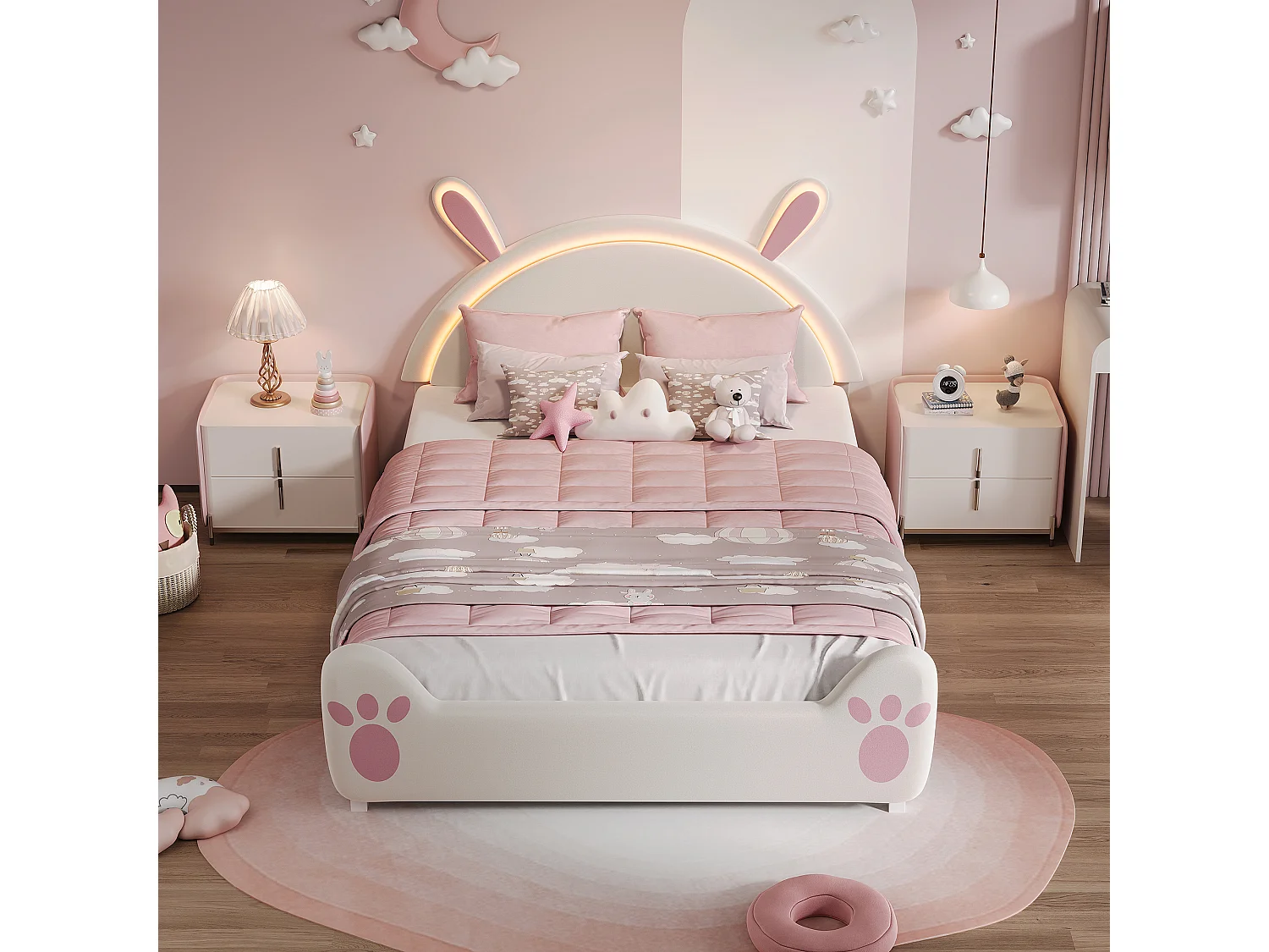 Cama infantil de 140x200 cm con forma de conejo y luces LED – Cama infantil de diseño con orejas de conejo – Estructura de cama infantil blanca y rosa