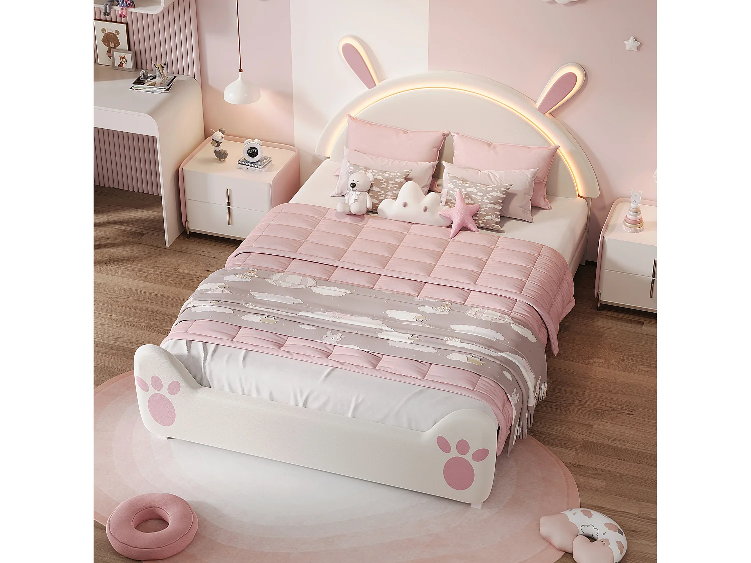 Cama infantil de 140x200 cm con forma de conejo y luces LED – Cama infantil de diseño con orejas de conejo – Estructura de cama infantil blanca y rosa