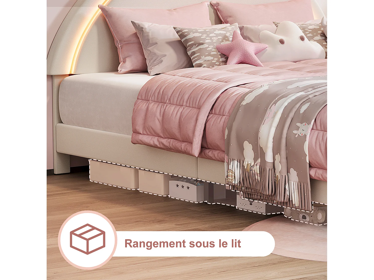 Cama infantil de 140x200 cm con forma de conejo y luces LED – Cama infantil de diseño con orejas de conejo – Estructura de cama infantil blanca y rosa