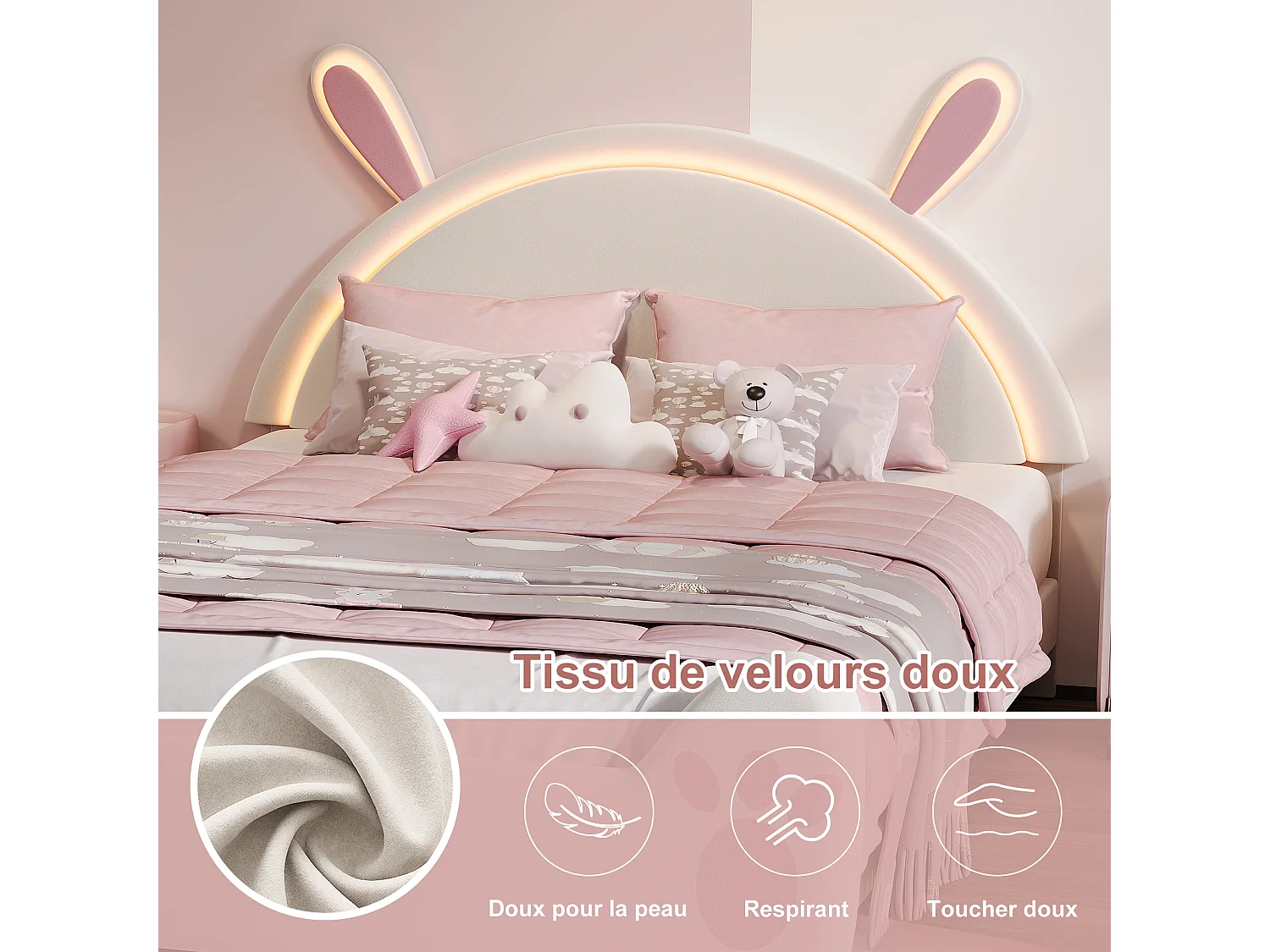 Cama infantil de 140x200 cm con forma de conejo y luces LED – Cama infantil de diseño con orejas de conejo – Estructura de cama infantil blanca y rosa