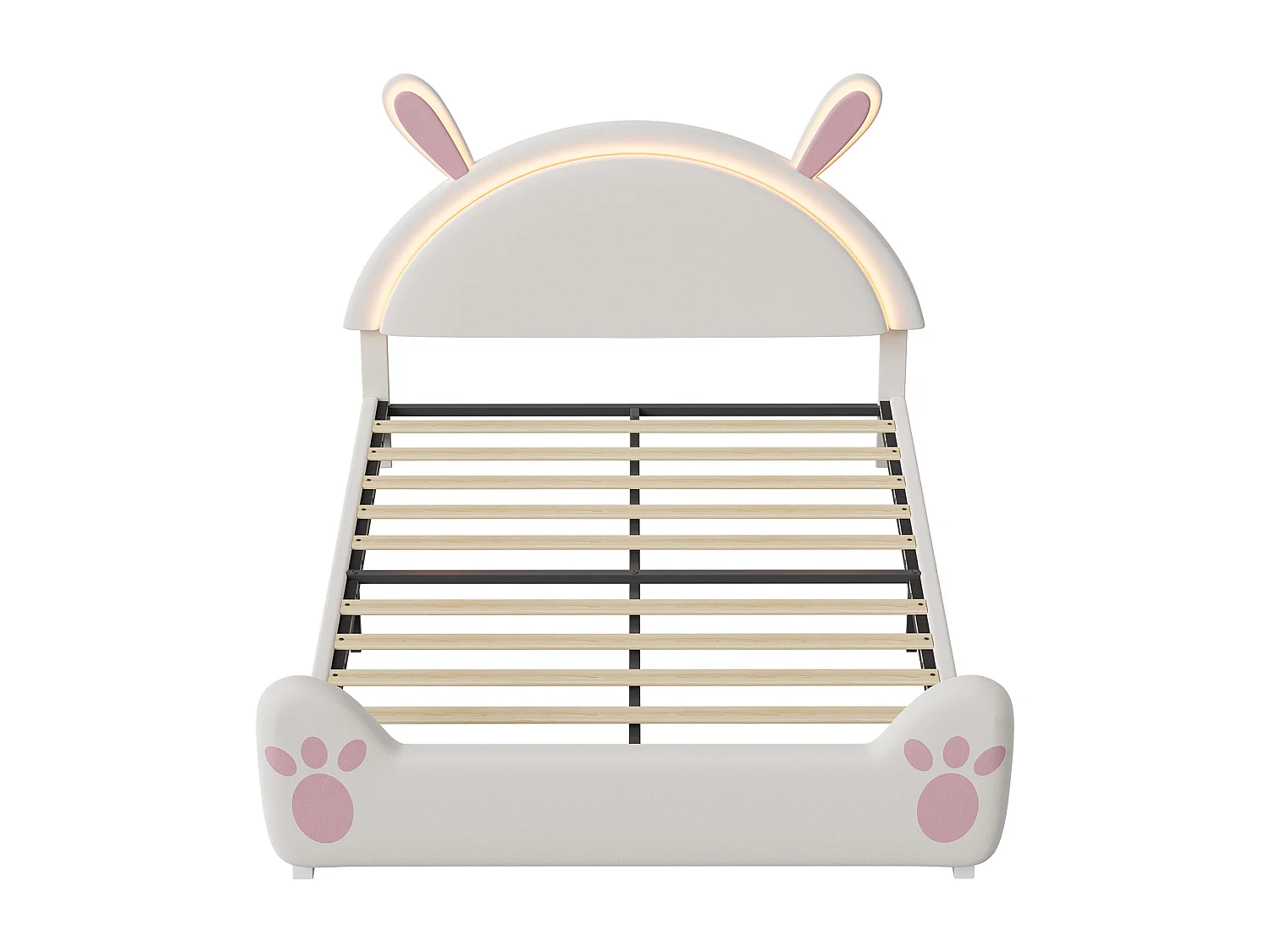 Cama infantil de 140x200 cm con forma de conejo y luces LED – Cama infantil de diseño con orejas de conejo – Estructura de cama infantil blanca y rosa
