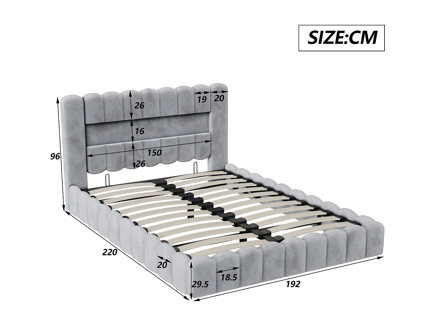 Lit adulte 180x200 avec sommier tapissier – Rangement intégré – Matériau lin – Ports USB et LED réglables – Capacité 300 kg-Gris clair