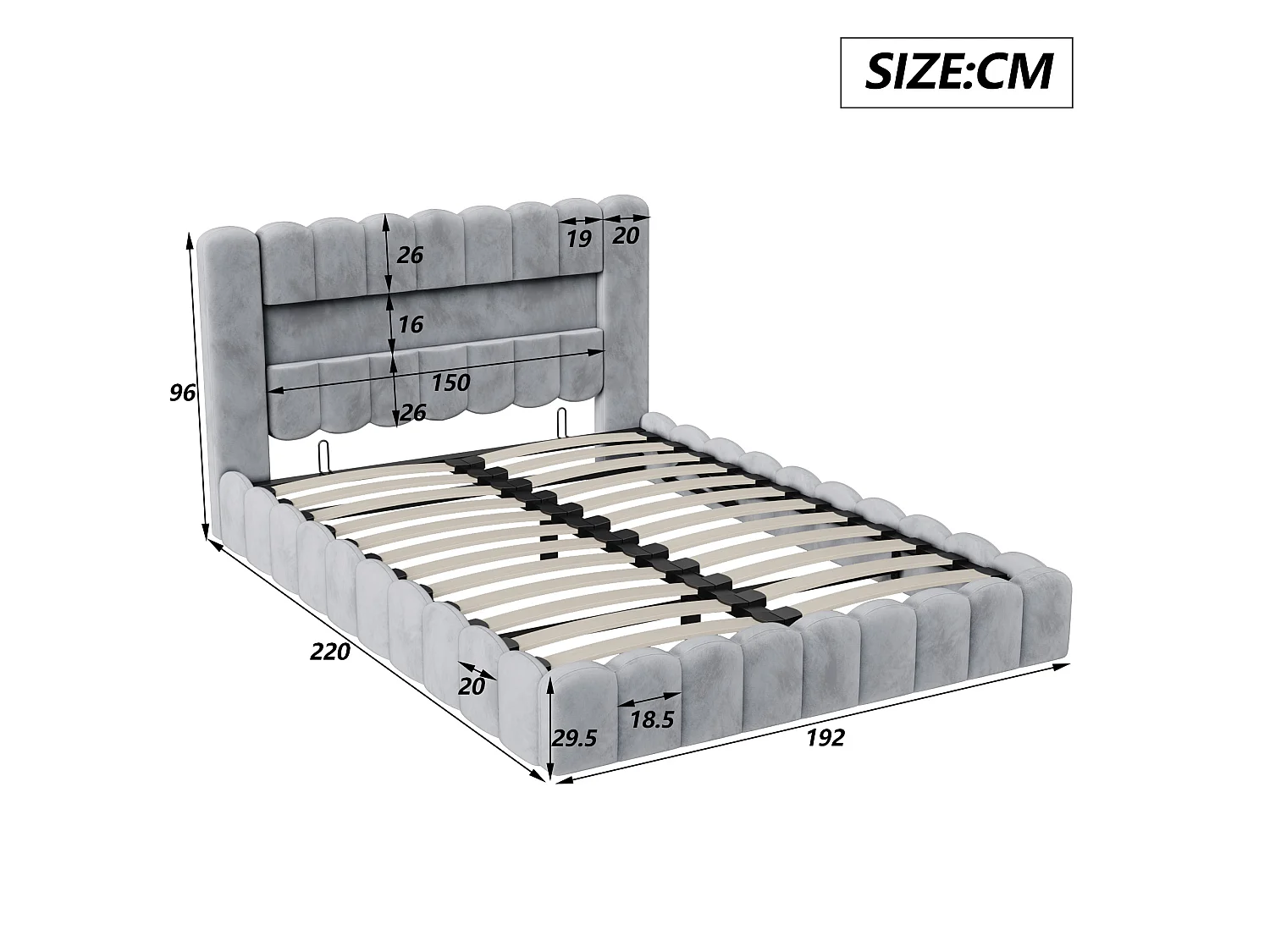 Cama de casal 180x200 com base estofada – Armazenamento integrado – Tecido de linho – Portas USB ajustáveis e iluminação LED – Capacidade de 300 kg – Cinza claro