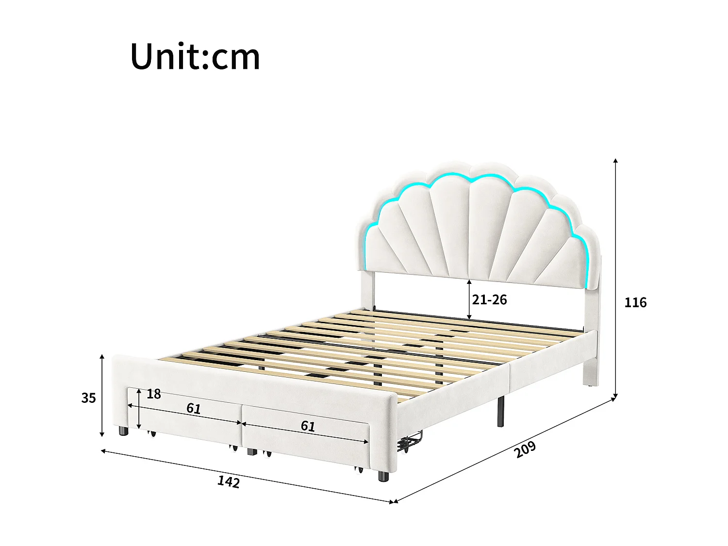 Lit simple 140x200 cm avec éclairage LED – Tiroir de rangement – Tête de lit fleur en velours – Sommier à lattes en bois – Blanc