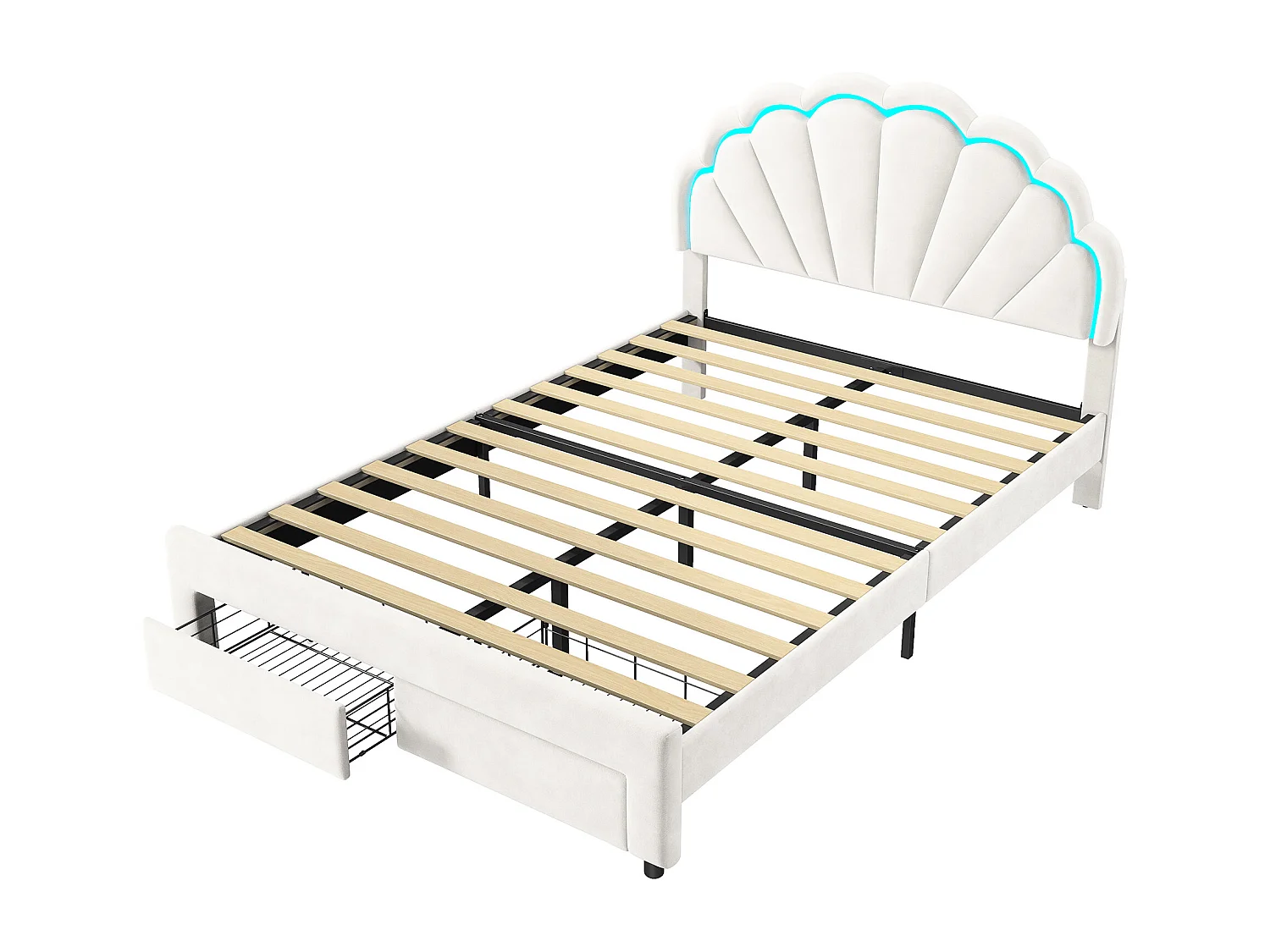 Lit simple 140x200 cm avec éclairage LED – Tiroir de rangement – Tête de lit fleur en velours – Sommier à lattes en bois – Blanc