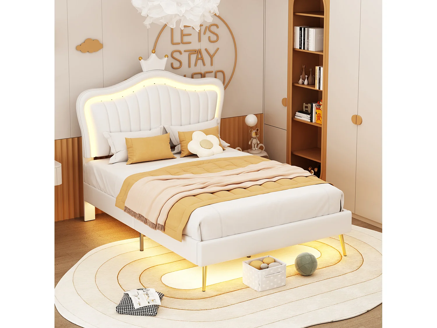 Lit enfant 90×200 cm avec cadre et éclairage LED – Motif couronne, cuir synthétique blanc
