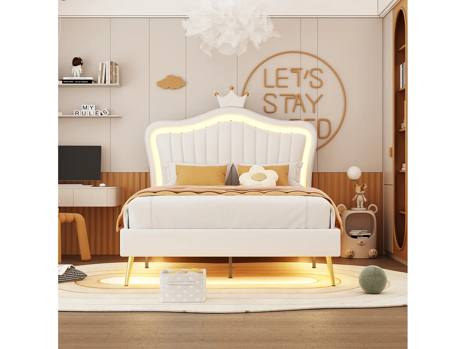 Lit enfant 90×200 cm avec cadre et éclairage LED – Motif couronne, cuir synthétique blanc
