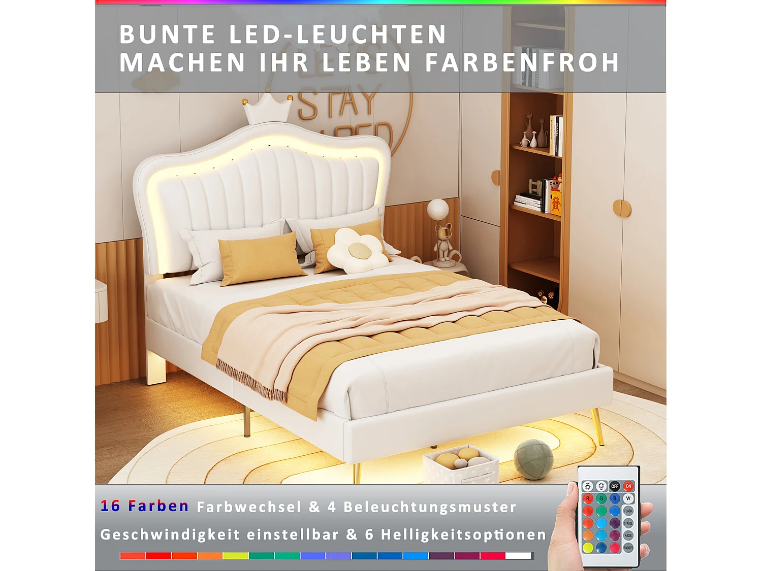 Lit enfant 90×200 cm avec cadre et éclairage LED – Motif couronne, cuir synthétique blanc