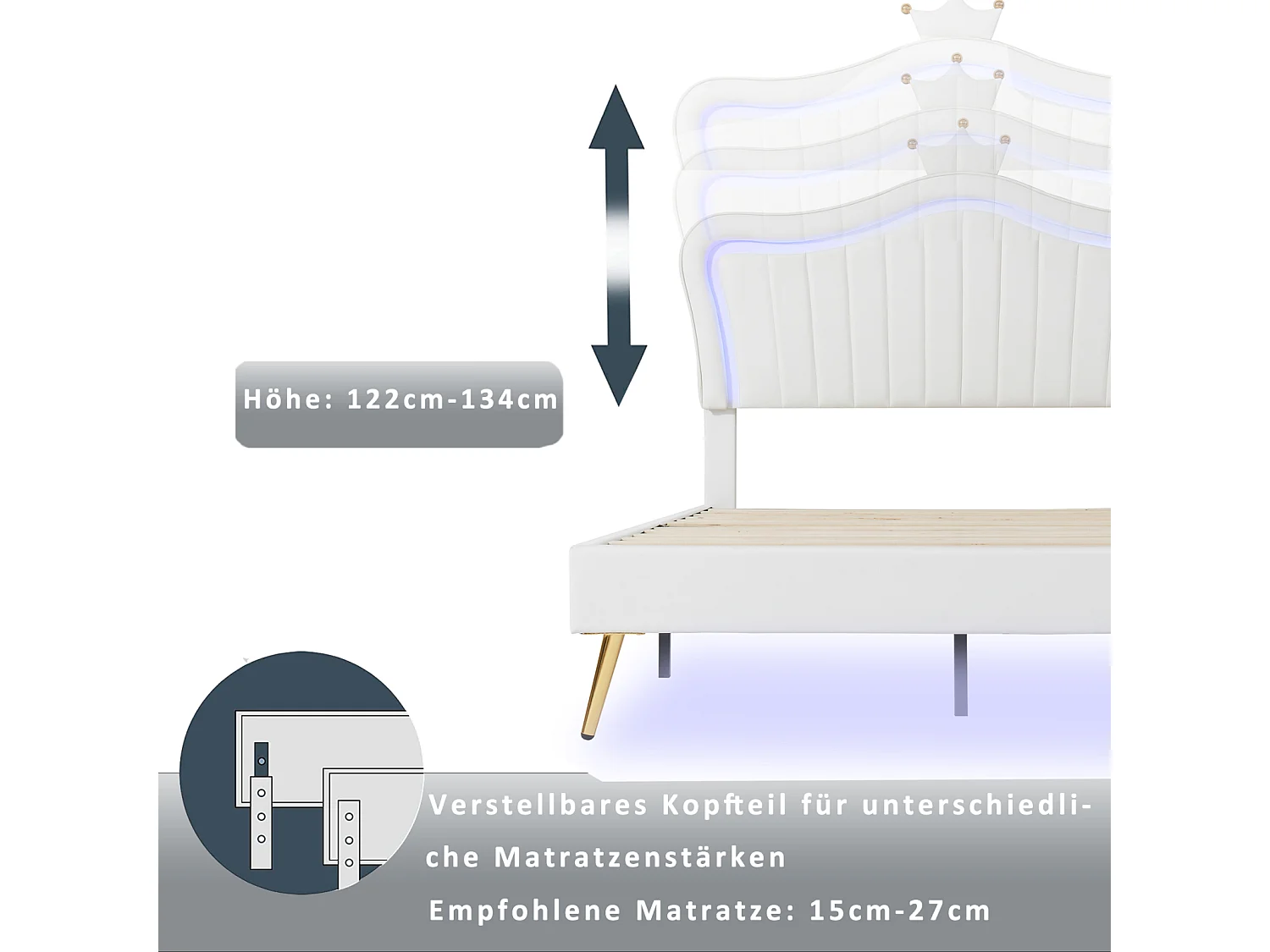 Lit enfant 90×200 cm avec cadre et éclairage LED – Motif couronne, cuir synthétique blanc