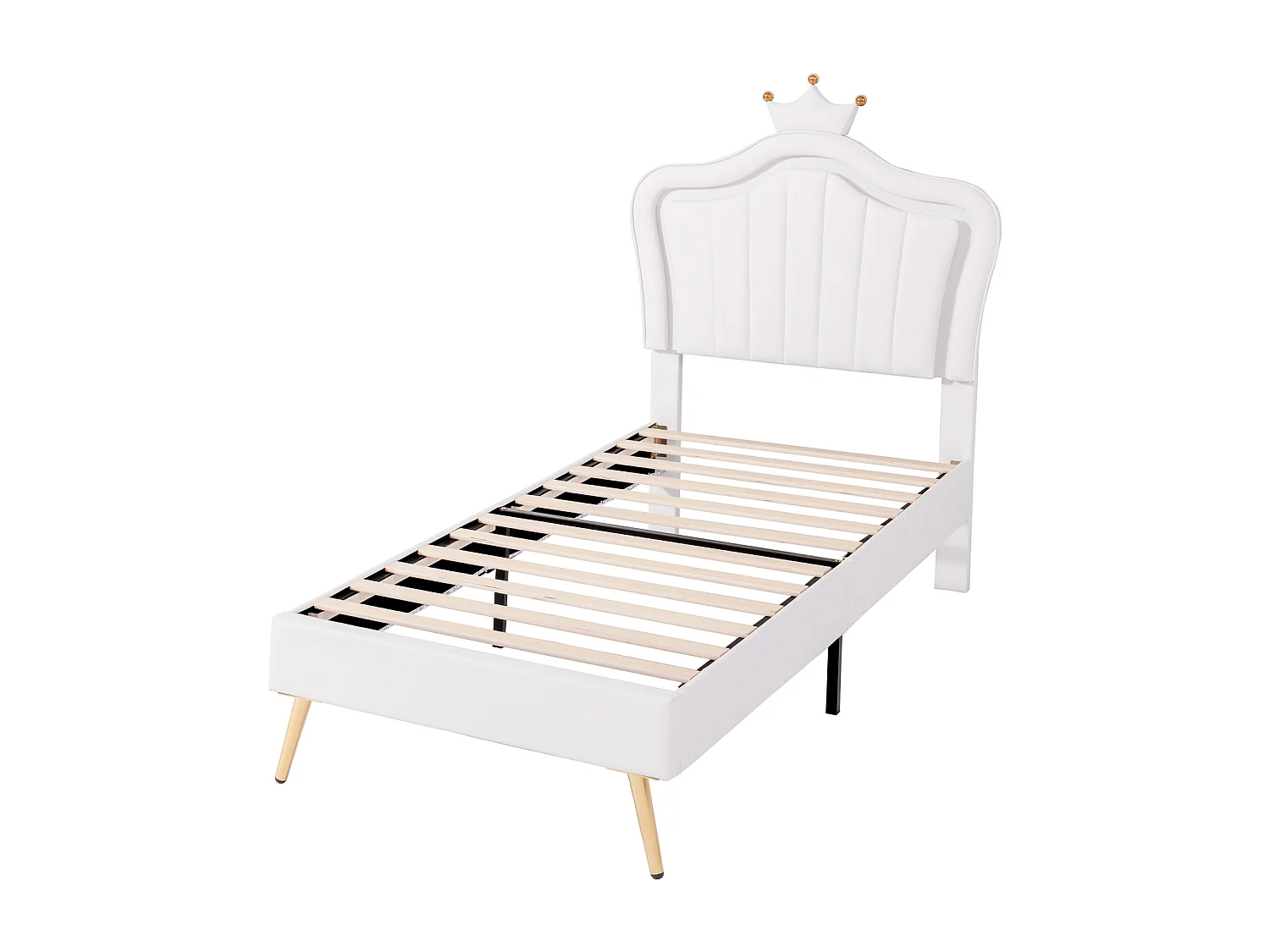 Lit enfant 90×200 cm avec cadre et éclairage LED – Motif couronne, cuir synthétique blanc