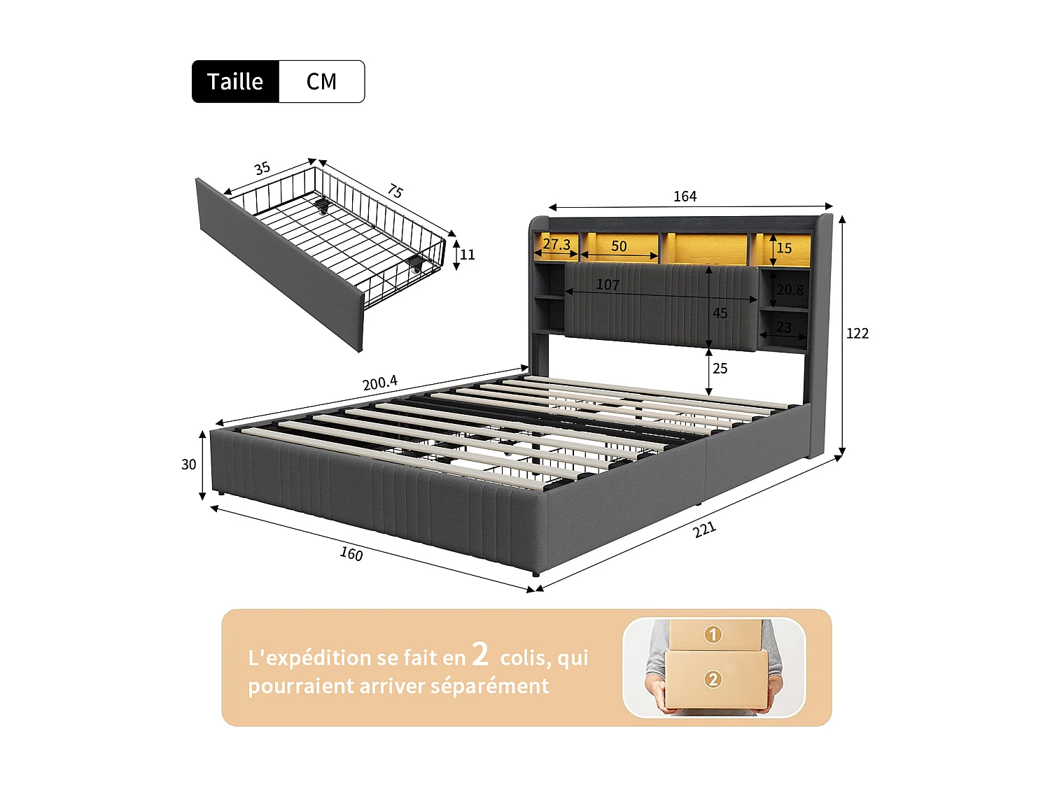 Lit 160x200 cm - avec 4 tiroirs - chargement USB et Type-C - éclairage LED - tables de chevet avec rangement - cloisons ouvertes - sommier à lattes - Gris
