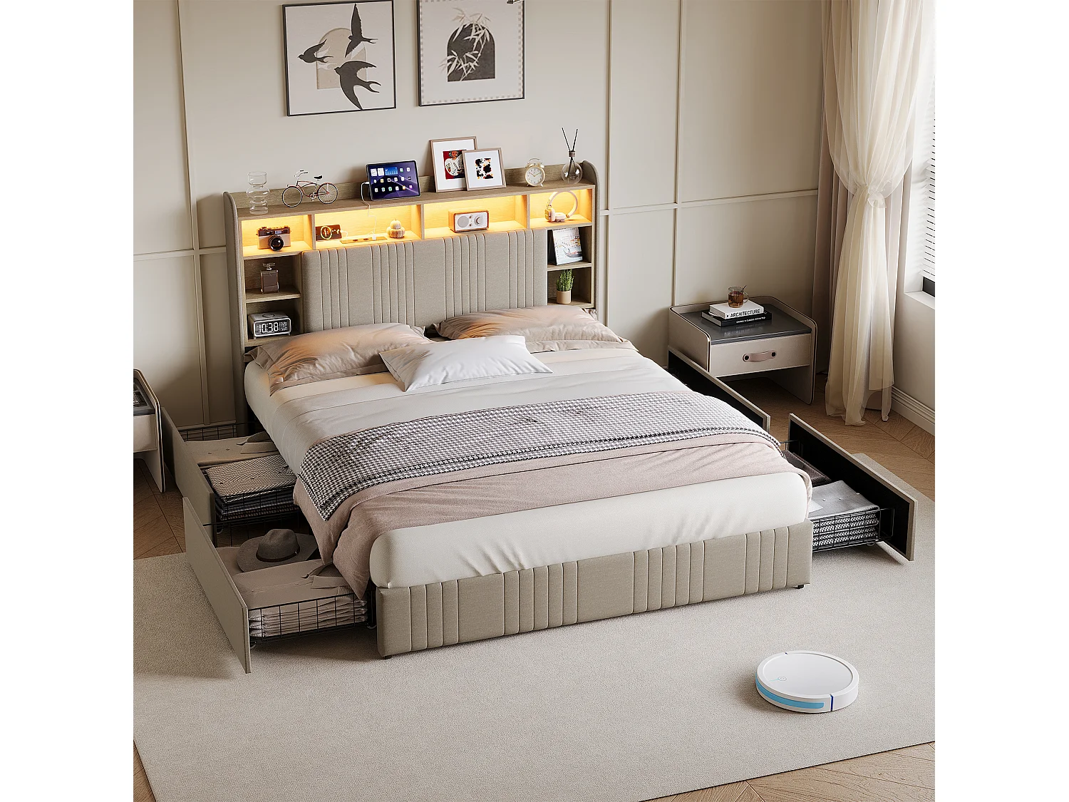 Lit 160x200 cm - avec 4 tiroirs - chargement USB et Type-C - éclairage LED - tables de chevet avec rangement - cloisons ouvertes - sommier à lattes - Beige