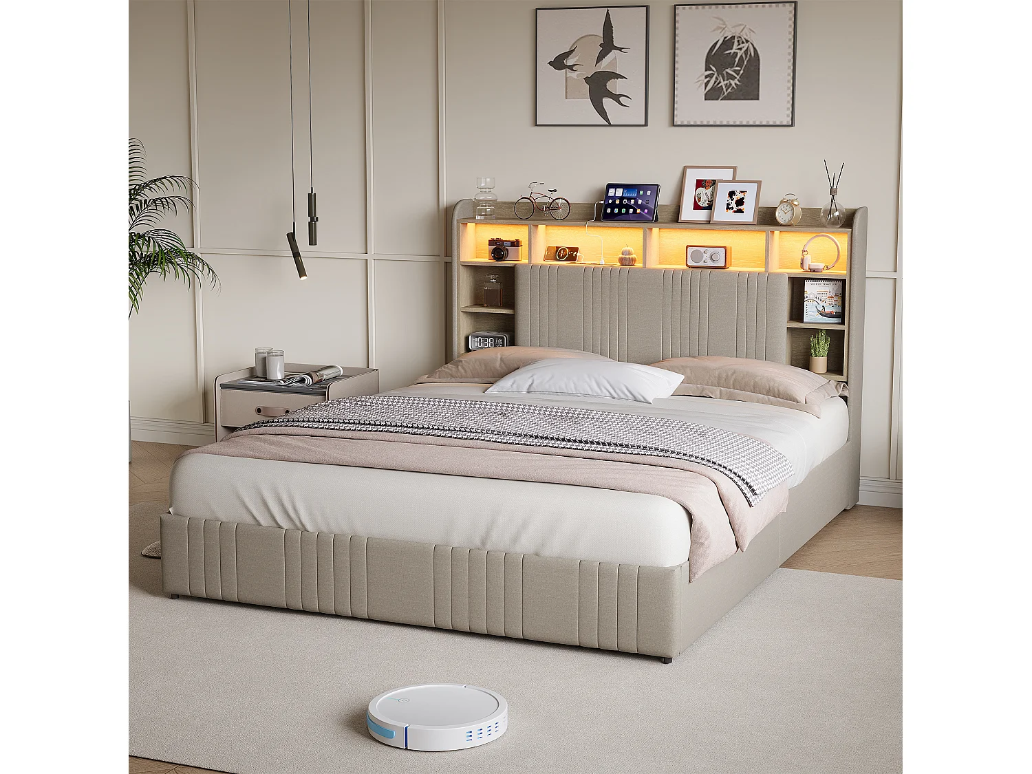 Lit 160x200 cm - avec 4 tiroirs - chargement USB et Type-C - éclairage LED - tables de chevet avec rangement - cloisons ouvertes - sommier à lattes - Beige