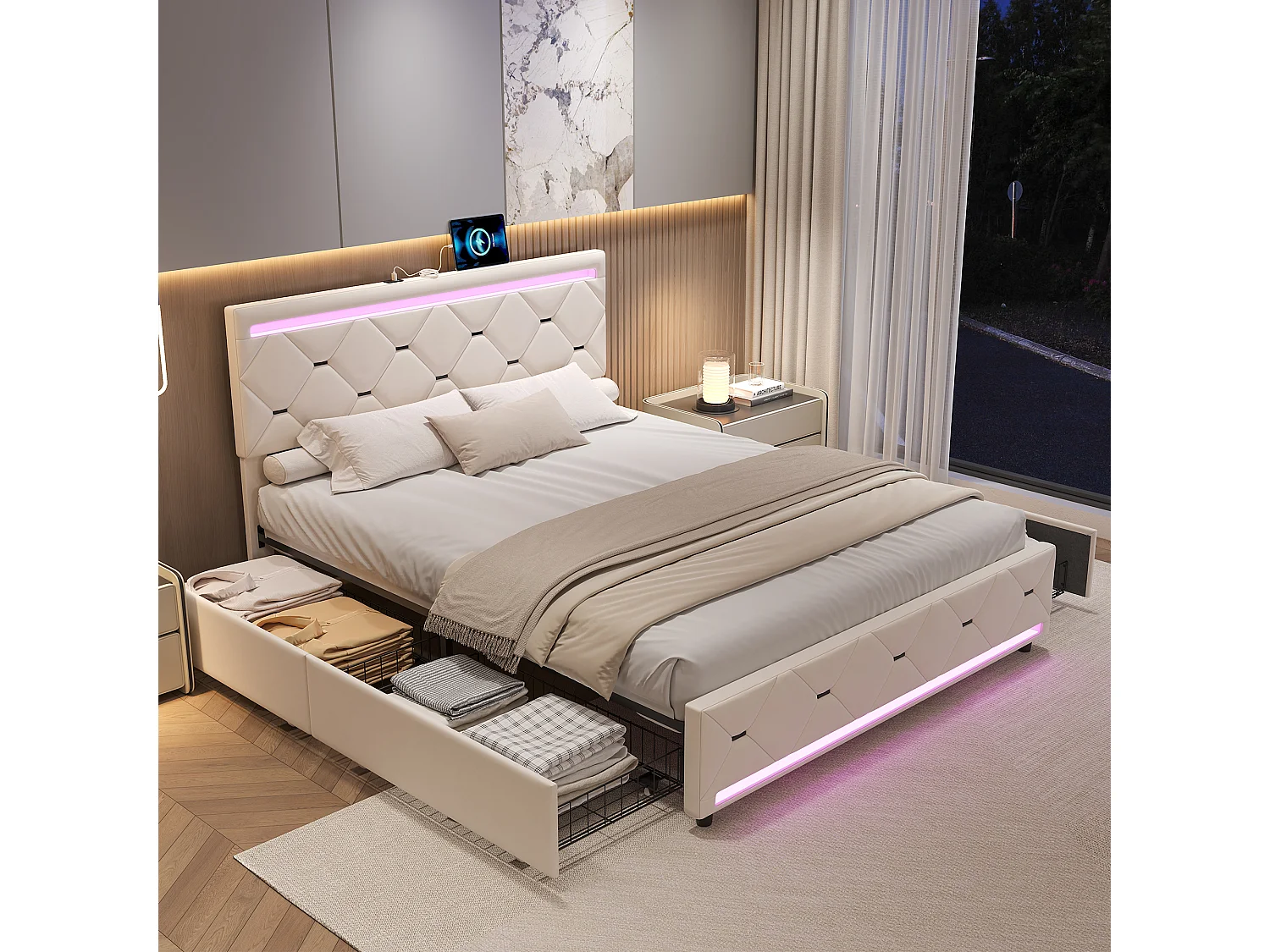 Lit Double 140x200 cm - Velours Blanc - 4 Tiroirs - Bandes LED RGB - Ports USB/Type-C