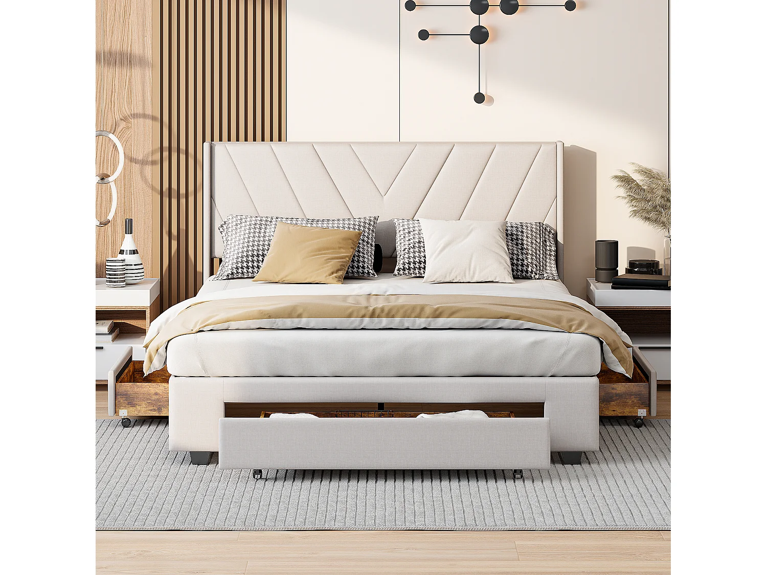 Lit 160×200 cm avec tiroirs et sommier à lattes – Capitonné lin beige