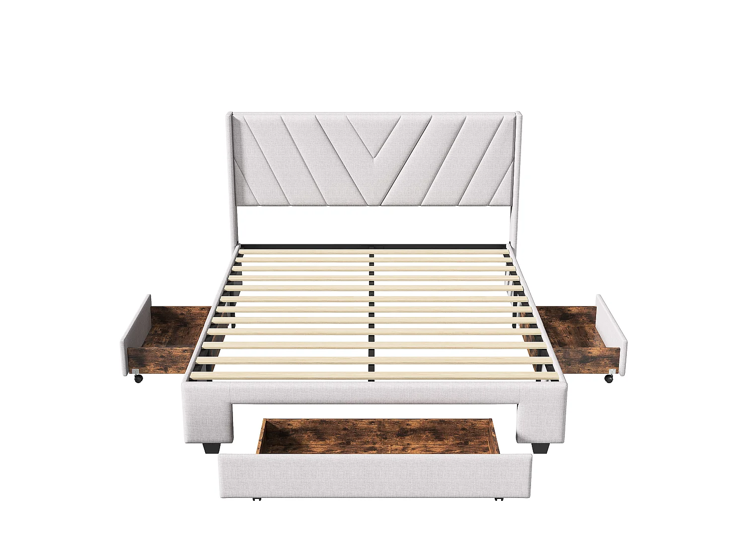Lit 160×200 cm avec tiroirs et sommier à lattes – Capitonné lin beige