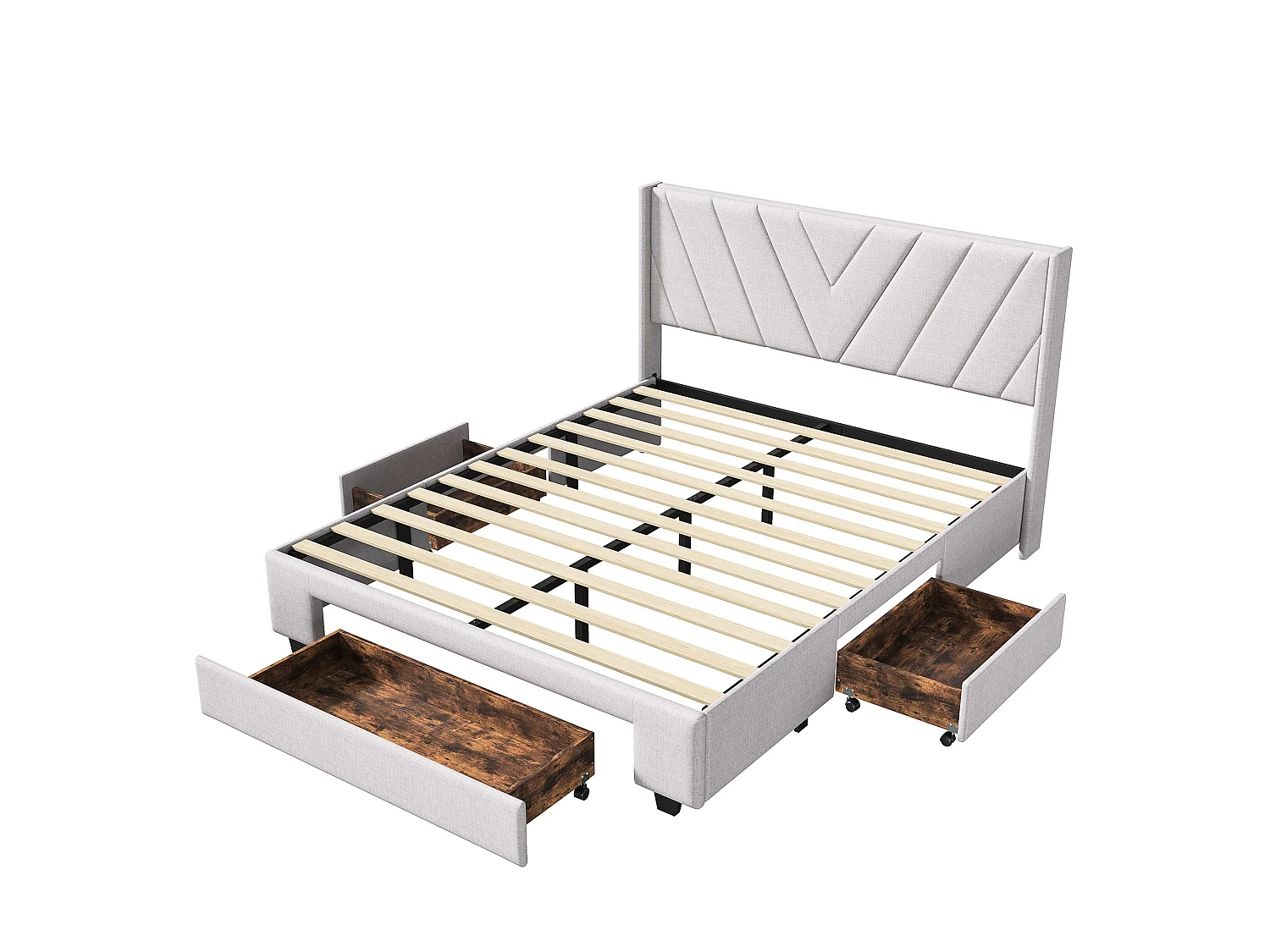 Lit 160×200 cm avec tiroirs et sommier à lattes – Capitonné lin beige