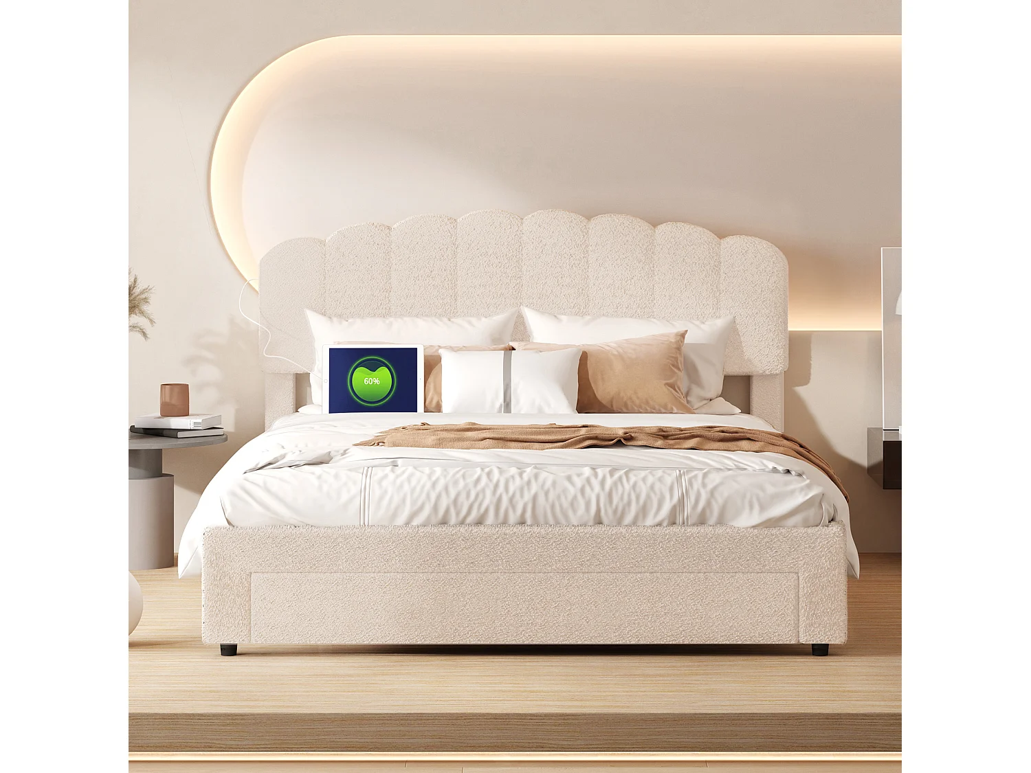 Cama de casal estofada de 160x200cm com gaveta grande e porta USB, cabeceira ajustável em altura, estrado de ripas, bege.