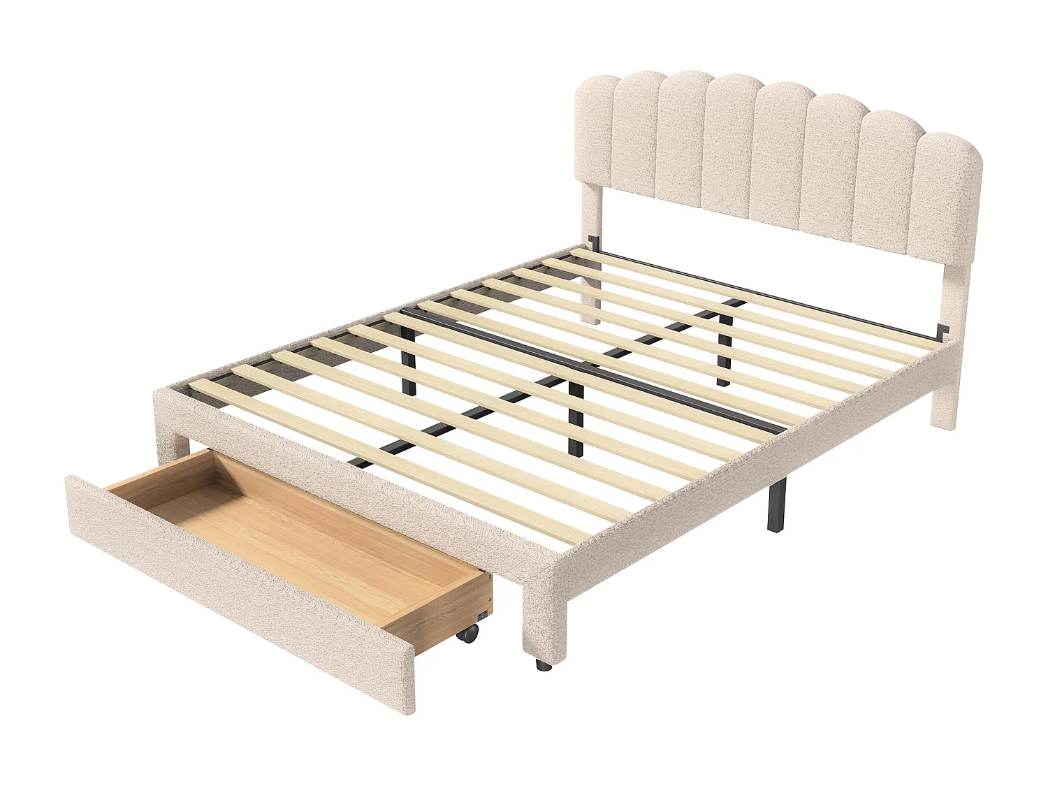 Cama de casal estofada de 160x200cm com gaveta grande e porta USB, cabeceira ajustável em altura, estrado de ripas, bege.