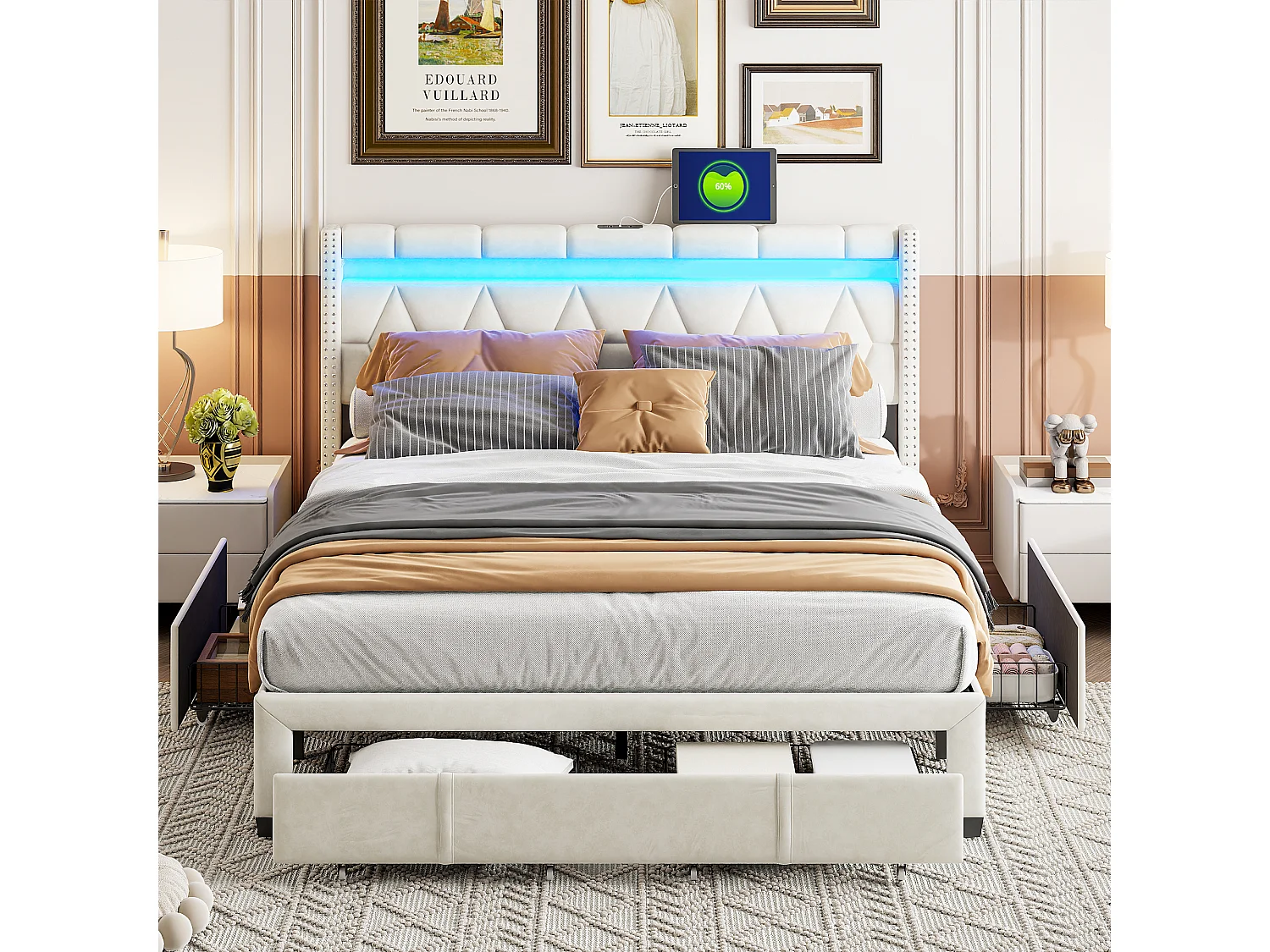 Cama estofada de 160×200 cm com LED, USB e 4 gavetas – Estrutura em linho bege, cama de casal.