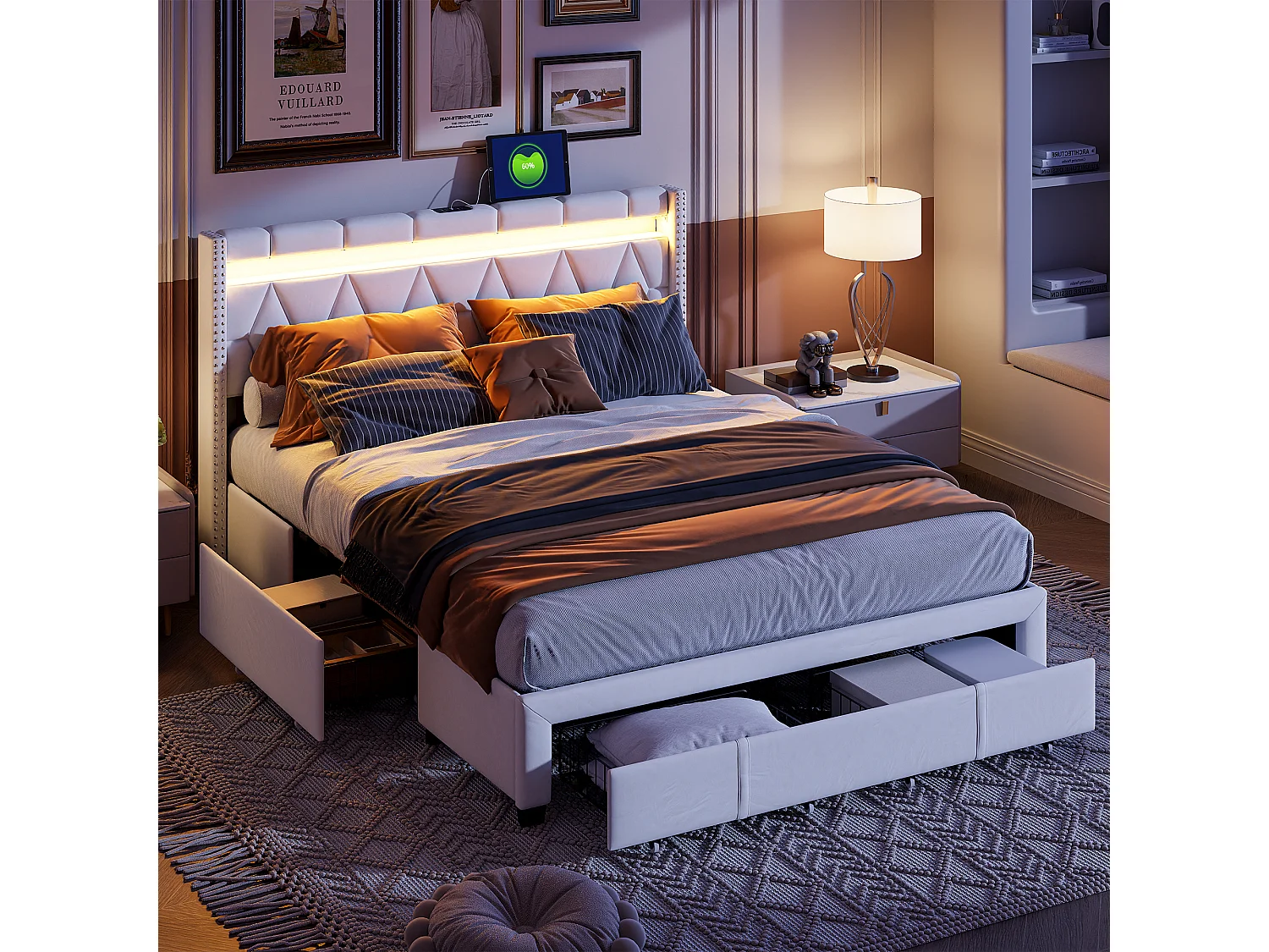 Cama estofada de 160×200 cm com LED, USB e 4 gavetas – Estrutura em linho bege, cama de casal.