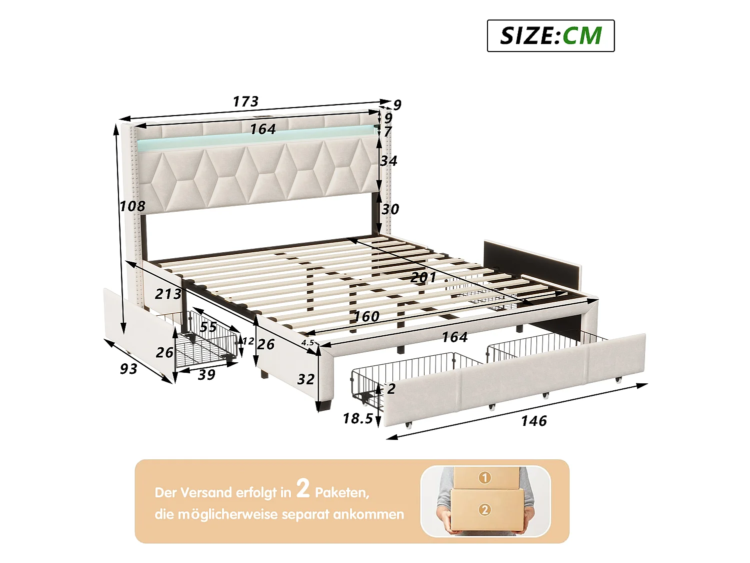 Cama estofada de 160×200 cm com LED, USB e 4 gavetas – Estrutura em linho bege, cama de casal.