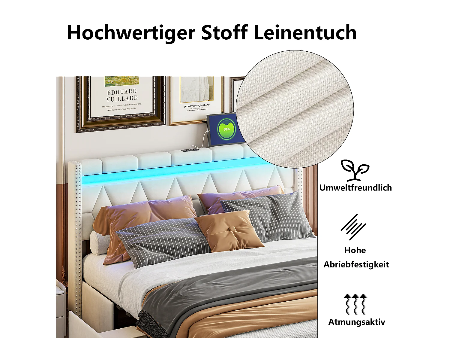 Cama estofada de 160×200 cm com LED, USB e 4 gavetas – Estrutura em linho bege, cama de casal.