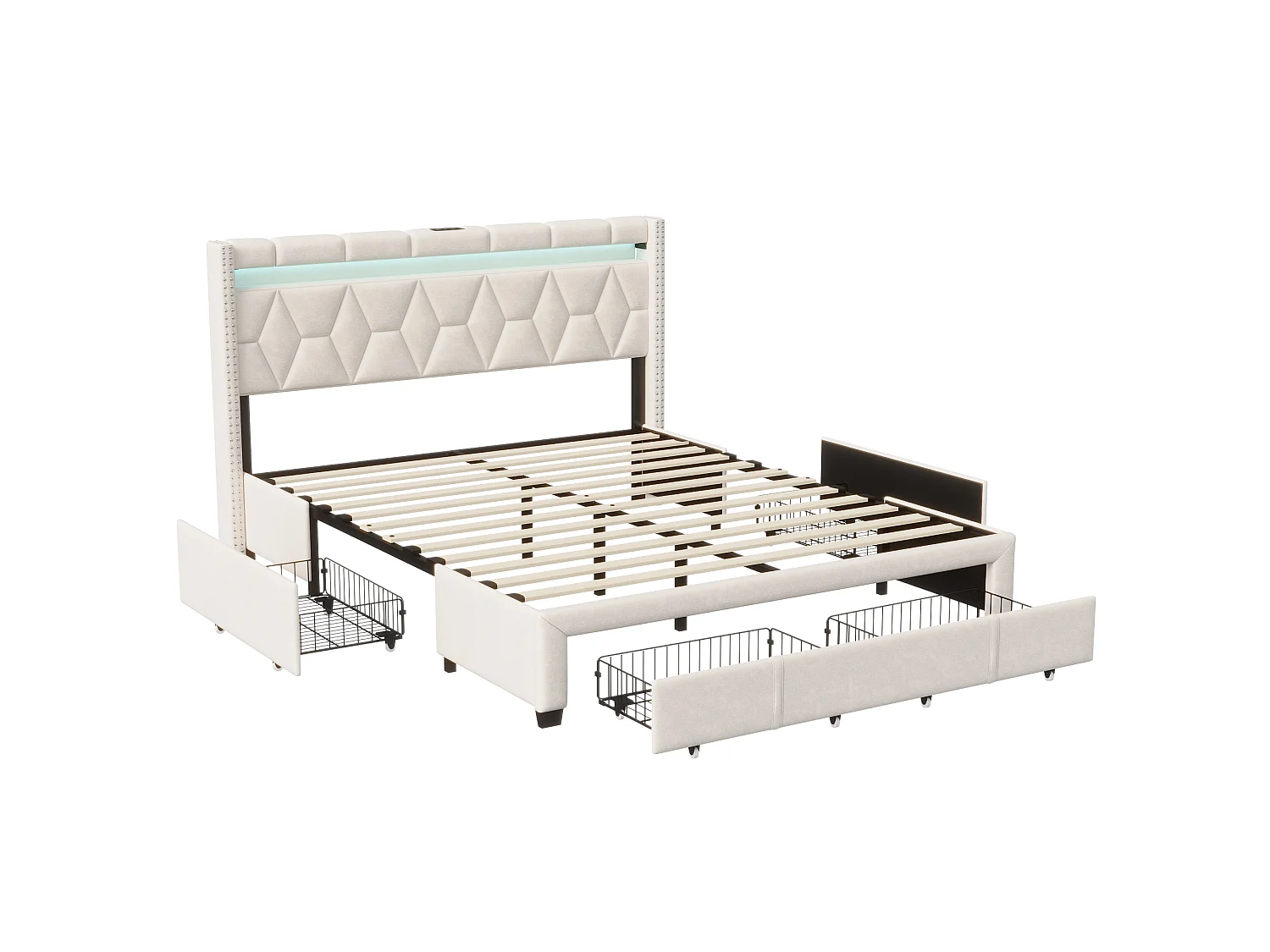 Cama estofada de 160×200 cm com LED, USB e 4 gavetas – Estrutura em linho bege, cama de casal.