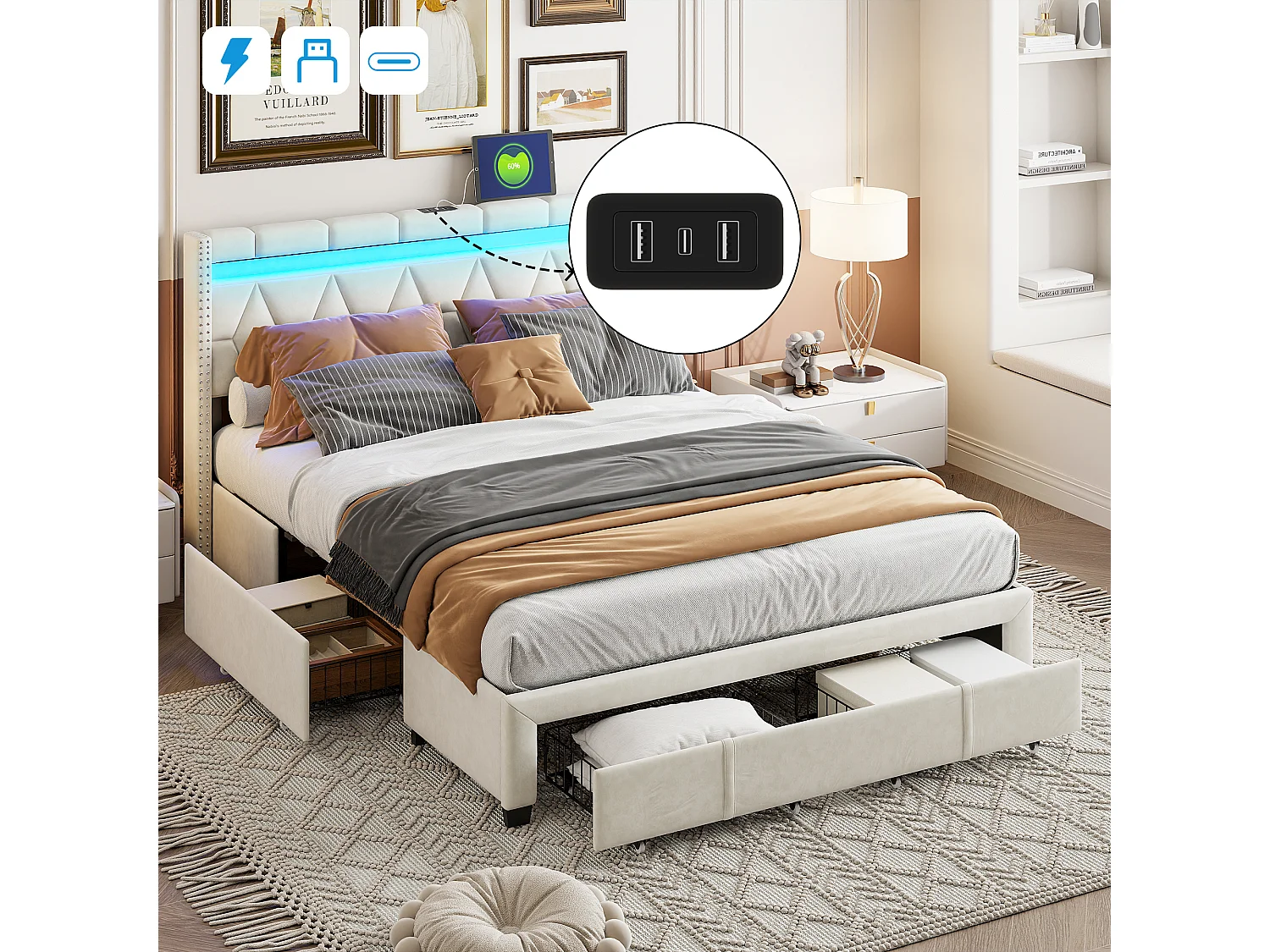 Cama estofada de 160×200 cm com LED, USB e 4 gavetas – Estrutura em linho bege, cama de casal.
