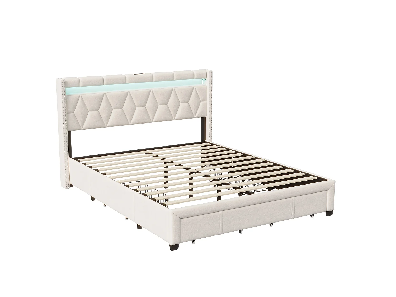 Cama estofada de 160×200 cm com LED, USB e 4 gavetas – Estrutura em linho bege, cama de casal.