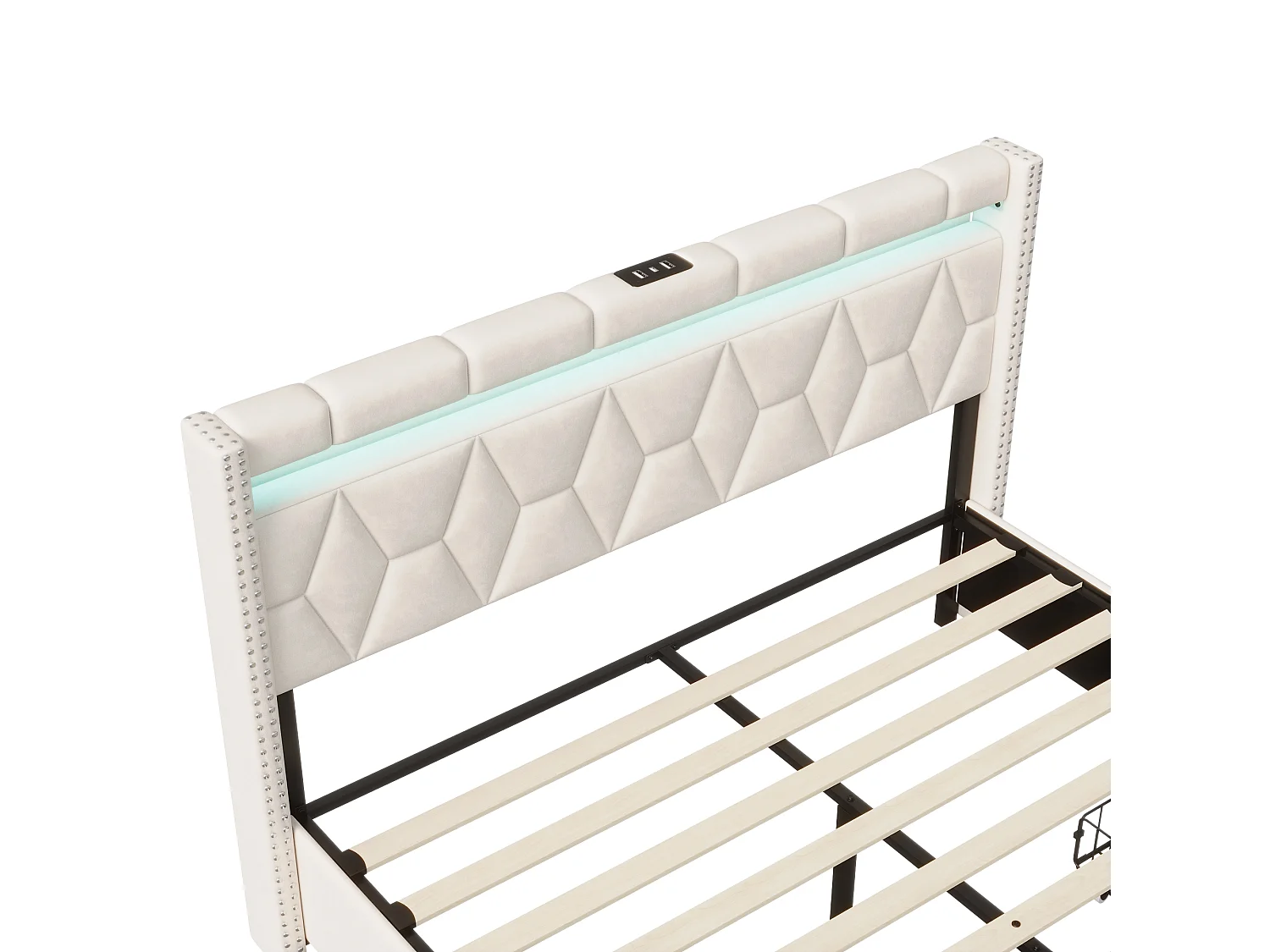 Cama estofada de 160×200 cm com LED, USB e 4 gavetas – Estrutura em linho bege, cama de casal.