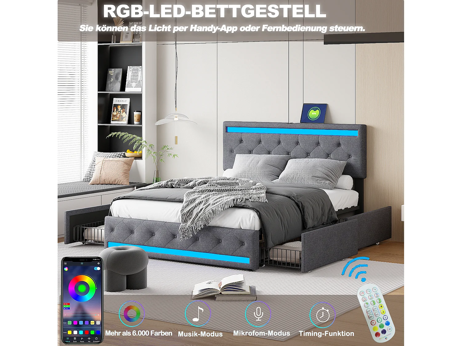 Lit 140x200 avec tiroirs – Tissu en lin gris foncé – Éclairage LED réglable – Ports USB&Type-C pour recharge – 4 grands tiroirs de rangement