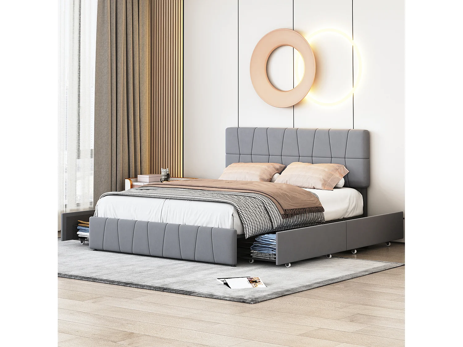 Lit 160×200 cm avec tête réglable, 4 tiroirs et sommier – Capitonné gris