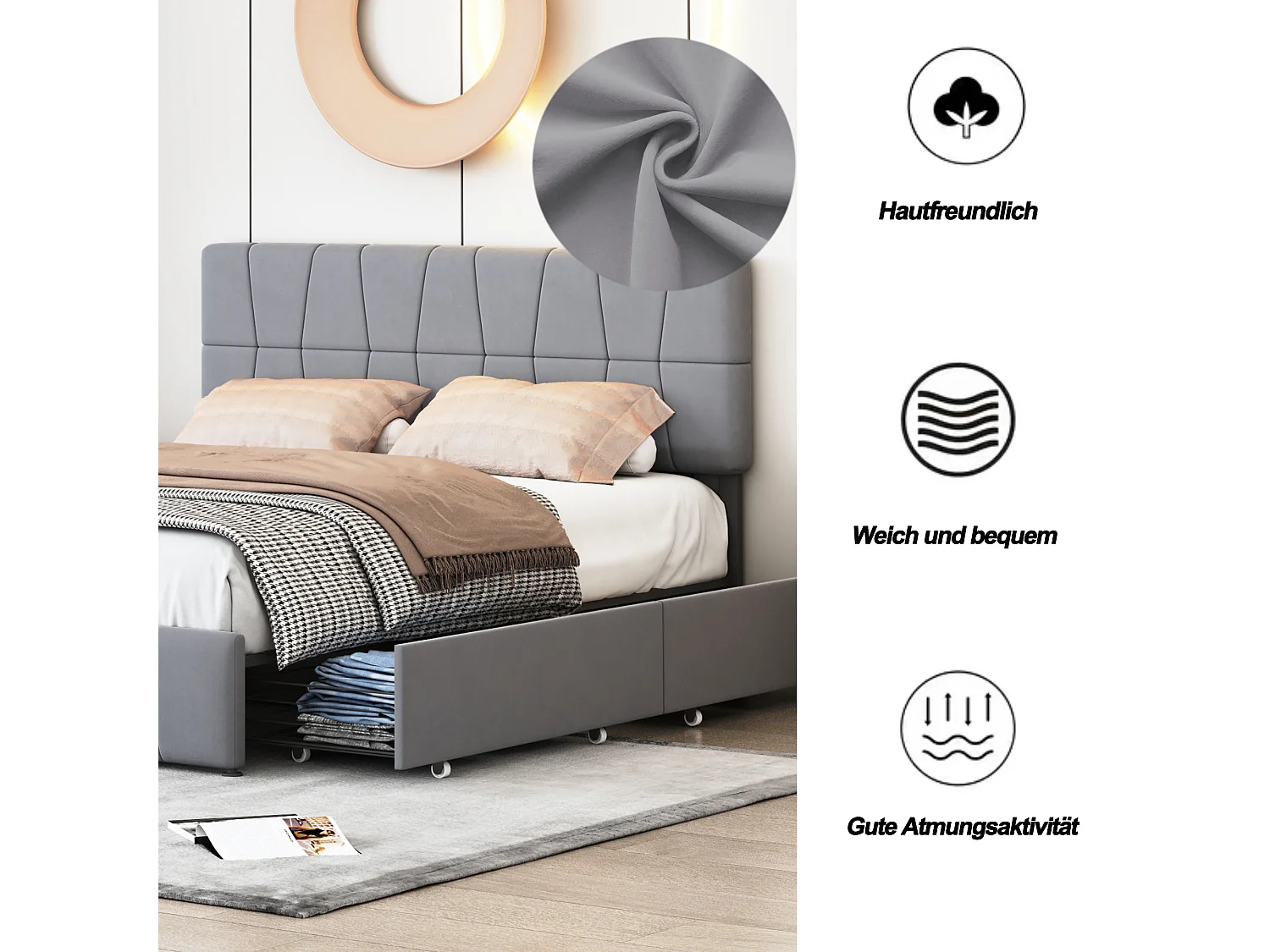 Lit 160×200 cm avec tête réglable, 4 tiroirs et sommier – Capitonné gris
