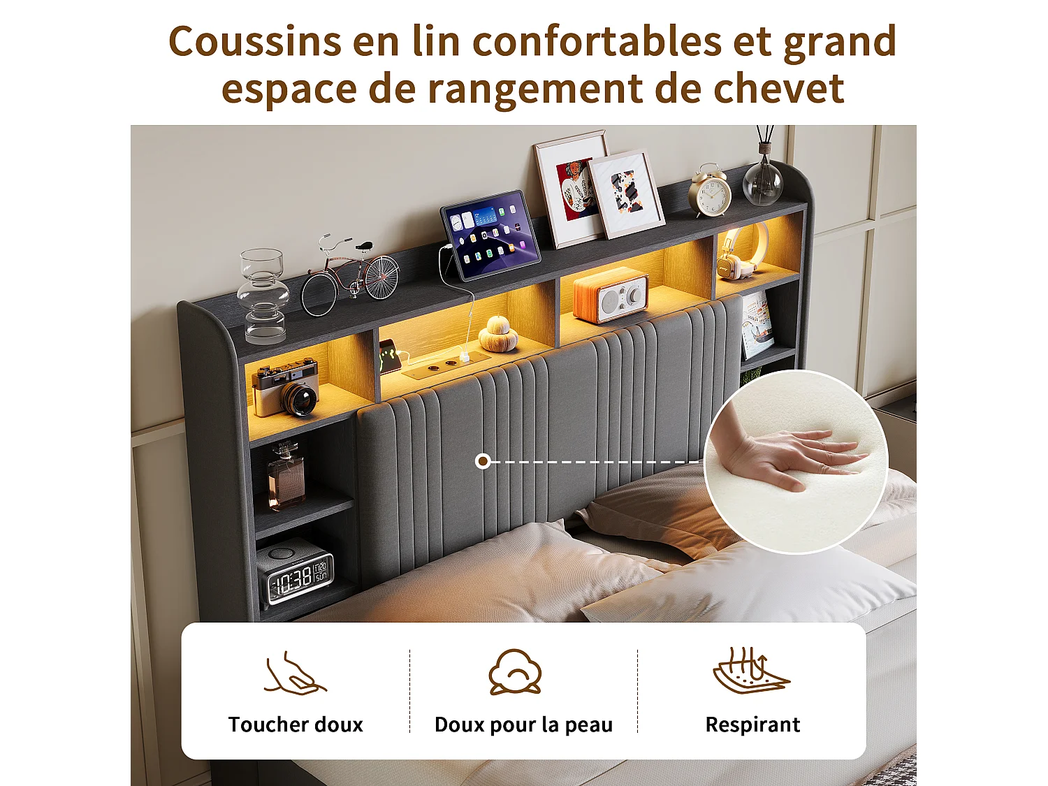 Lit 140x200 cm - avec 4 tiroirs - chargement USB et Type-C - éclairage LED - tables de chevet avec rangement - cloisons ouvertes - sommier à lattes - Gris