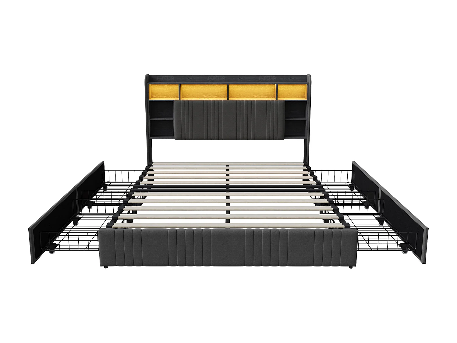 Lit 140x200 cm - avec 4 tiroirs - chargement USB et Type-C - éclairage LED - tables de chevet avec rangement - cloisons ouvertes - sommier à lattes - Gris