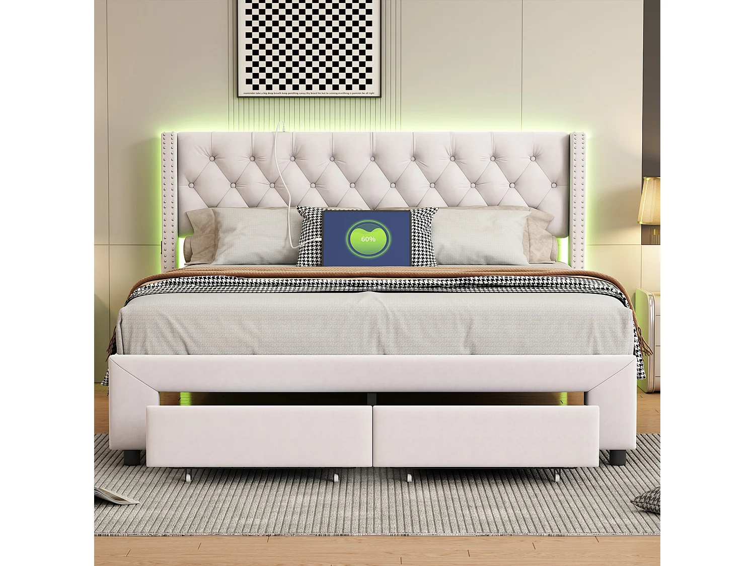 Lit double 160 x 200, lit adulte 140x190 avec 2 tiroirs, avec port USB et LED, lit capitonné, cadre de lit, velours, Beige