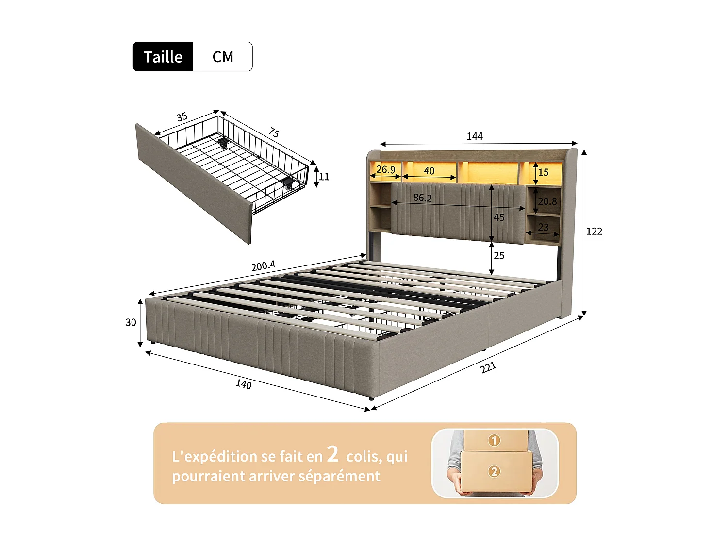 Lit 140x200 cm - avec 4 tiroirs - chargement USB et Type-C - éclairage LED - tables de chevet avec rangement - cloisons ouvertes - sommier à lattes - Beige